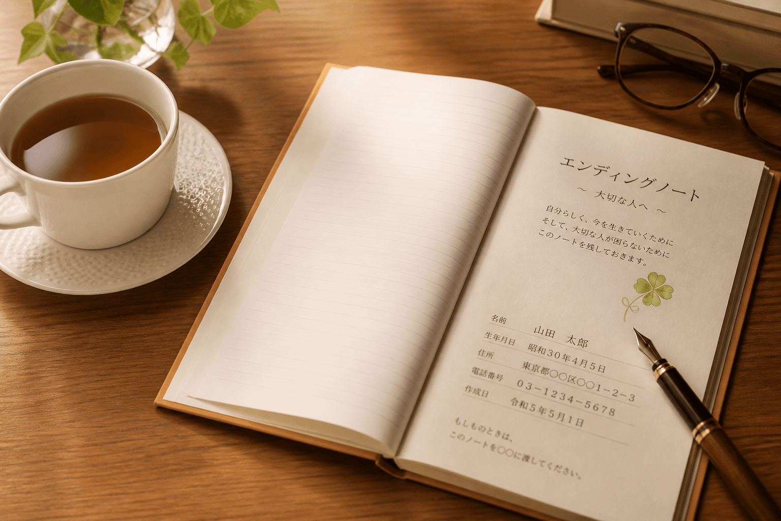 万年筆と共にテーブルに置かれた、温かみのある雰囲気のエンディングノート。少し書き込まれている様子が見えると、読者が自分事として捉えやすい。]