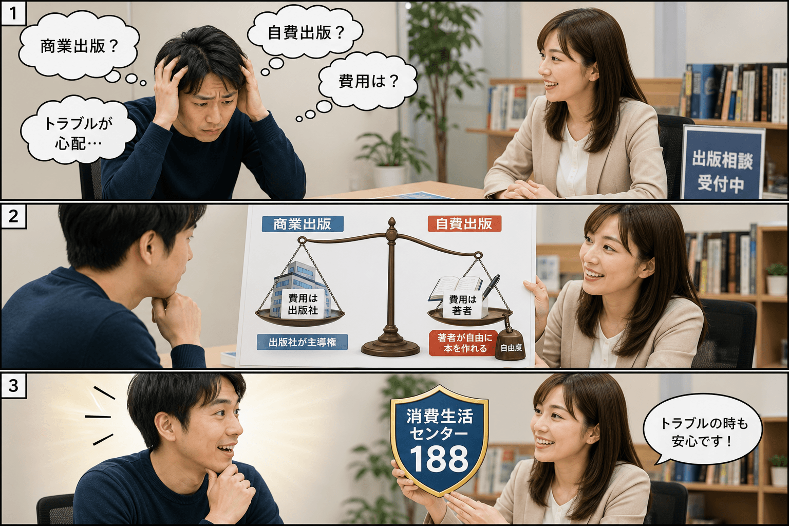 3コママンガ、コマ割りで1枚の画像に収める。コマ1: Aさん: 本の出版を検討している30代男性。少し不安そうな表情。 Bさん: 出版社の相談スタッフ。親しみやすく、頼りになる雰囲気の女性。、相談カウ