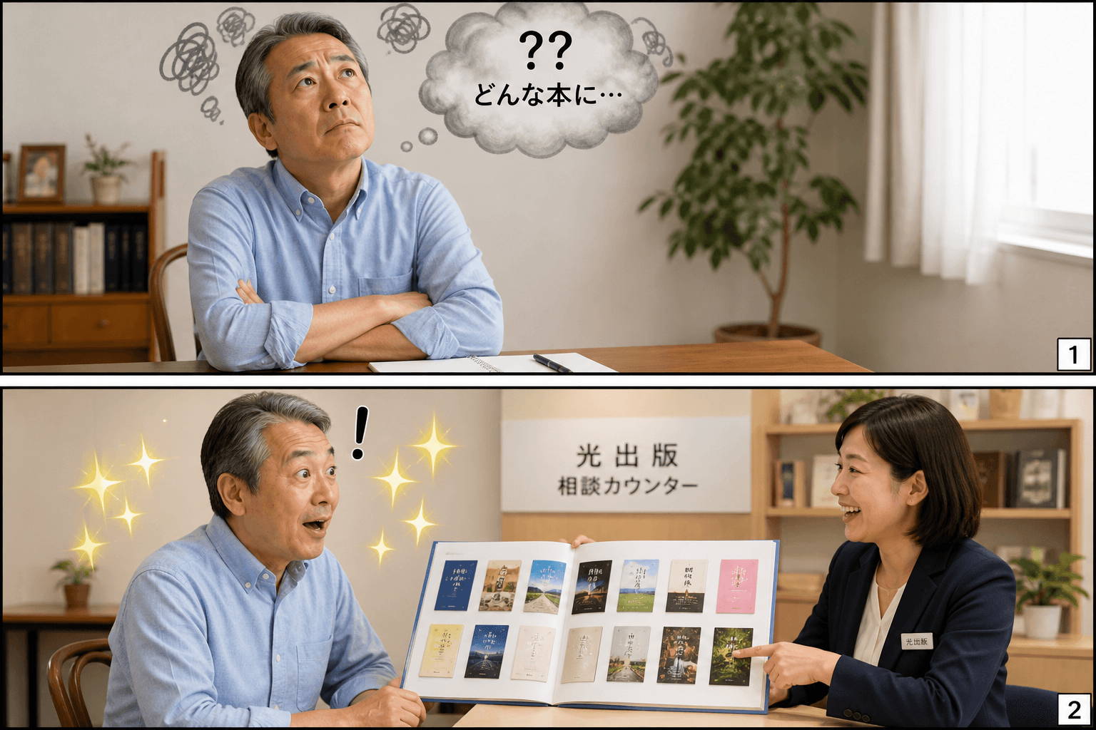 2コママンガ、コマ割りで1枚の画像に収める。コマ1: Aさん: 50代男性。自伝づくりに関心があるが、一歩踏み出せないでいる。 Bさん: 光出版のスタッフ。親切で丁寧な女性。、自宅の机に向かうAさん。