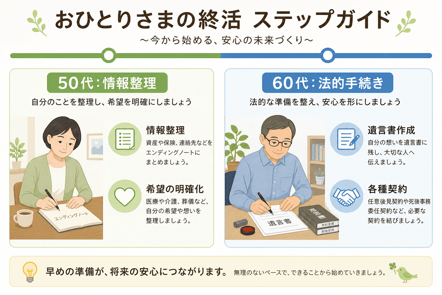 日本人、日本のスタイル, 「おひとりさまの終活」をテーマにしたインフォグラフィック。タイムライン形式のステップ図で、左に「50代:情報整理」、右に「60代:法的手続き」を配置。50代では人物がエンディ