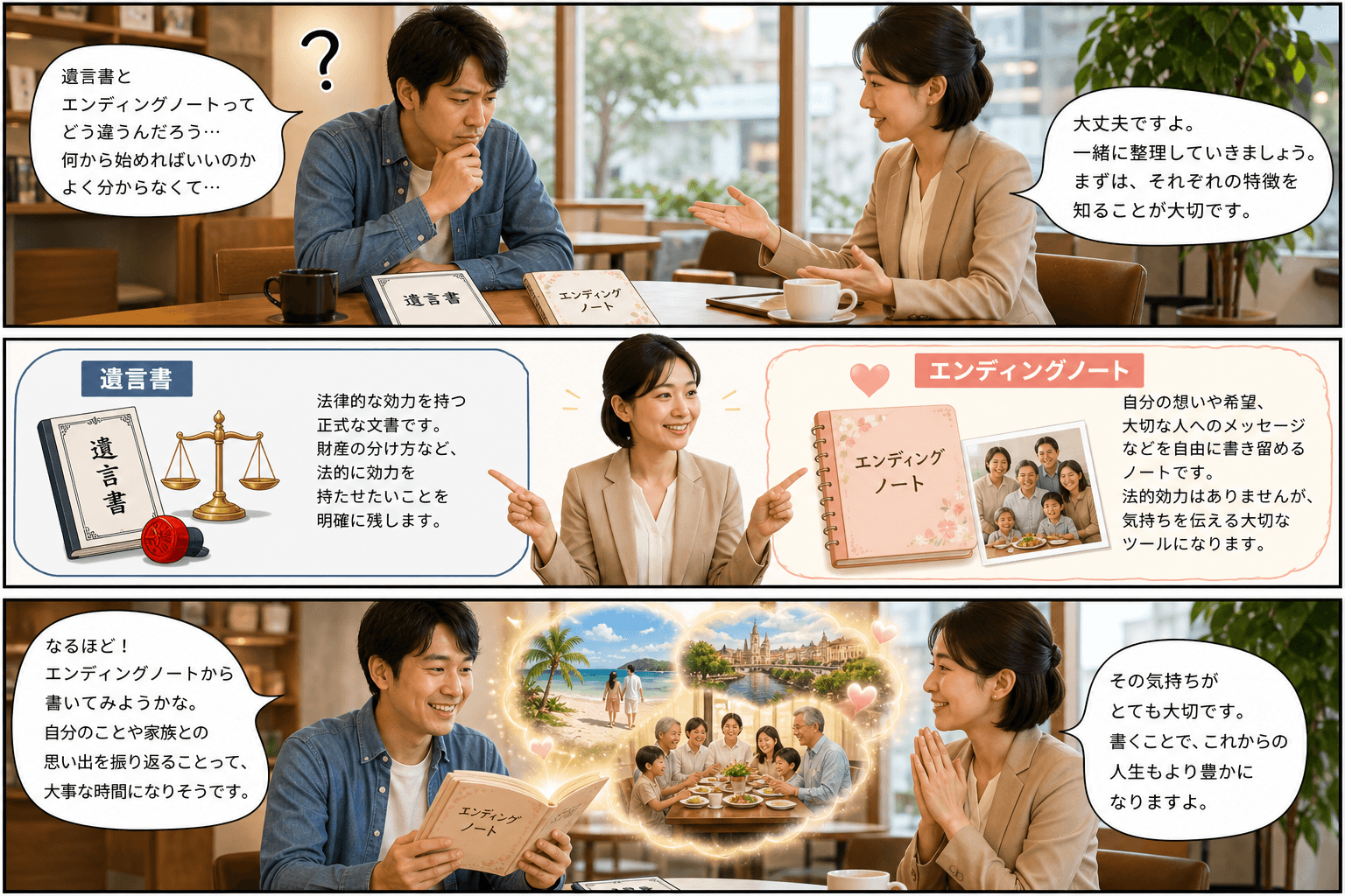 3コママンガ、コマ割りで1枚の画像に収める。コマ1: Aさん: 30代男性。終活について考え始めたばかり。 Bさん: 終活アドバイザー。Aさんの相談に乗っている。、カフェのテーブルを挟んで向かい合うA