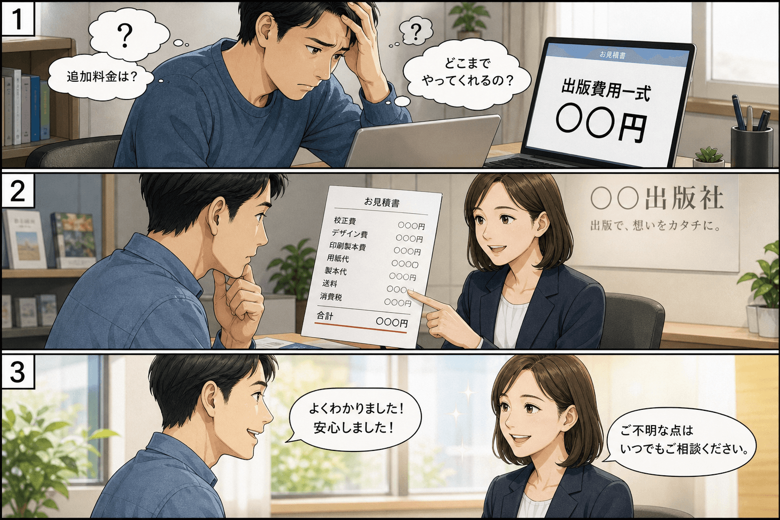 3コママンガ、コマ割りで1枚の画像に収める。コマ1: - Aさん: 自費出版を考えている30代男性。少し不安気。 - Bさん: 信頼できる出版社のスタッフ。誠実で親切な雰囲気。、Aさんが自宅のデスクで