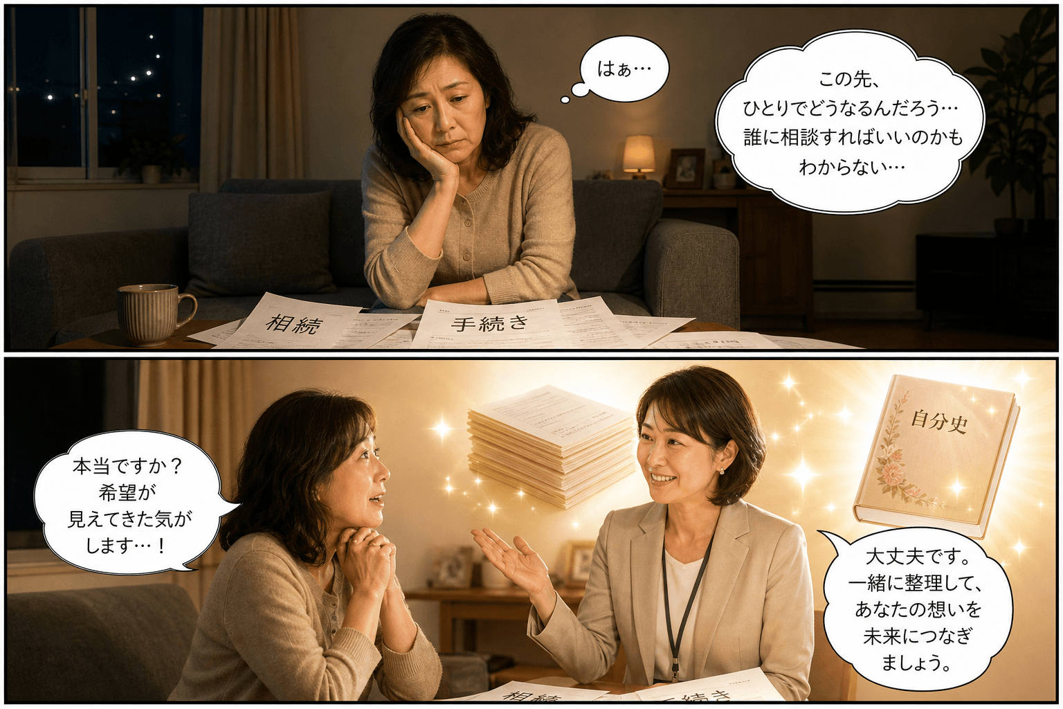 2コママンガ、コマ割りで1枚の画像に収める。コマ1: Aさん: 50代、おひとりさまの女性 Bさん: ナビゲーター役の穏やかなスタッフ、夜、自宅のリビング。Aさんが一人、ソファに座ってため息をついてい