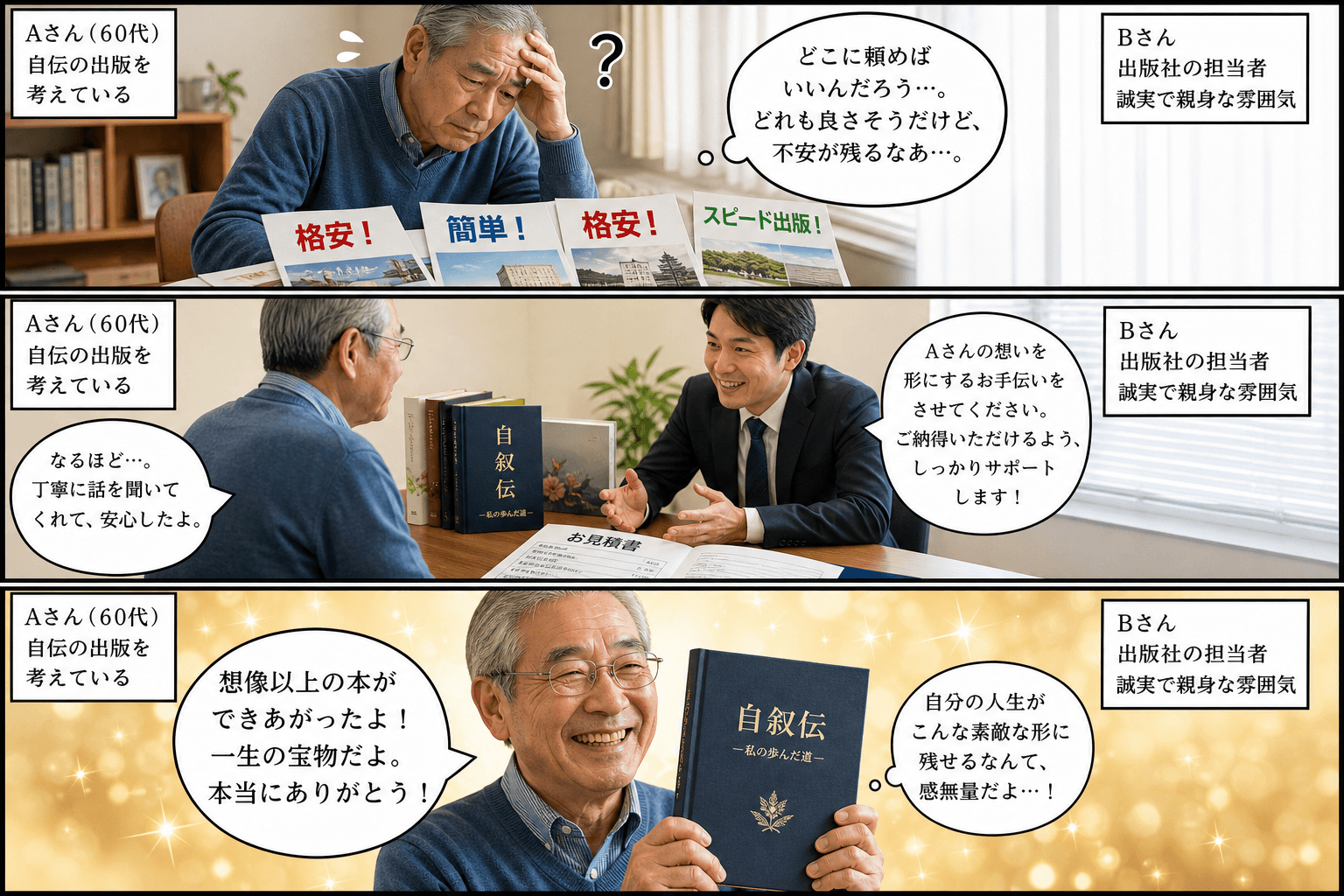 3コママンガ、コマ割りで1枚の画像に収める。コマ1: Aさん: 60代男性。自伝の出版を考えている。 Bさん: 出版社の担当者。誠実で親身な雰囲気。、自宅の机で、複数の出版社のパンフレットを広げ、頭を