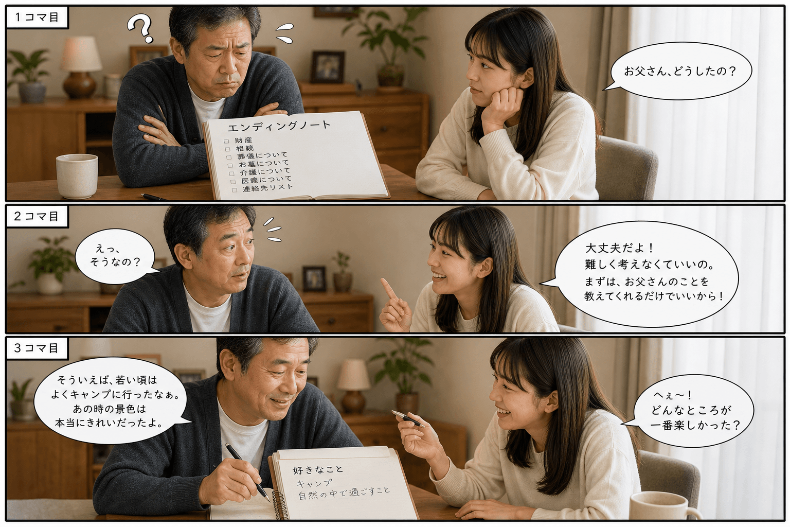 3コママンга、コマ割りで1枚の画像に収める。コマ1: Aさん: 50代の男性。エンディングノートの書き方に悩んでいる。 Bさん: Aさんの娘（20代）。、リビングのテーブル。Aさんがエンディングノート