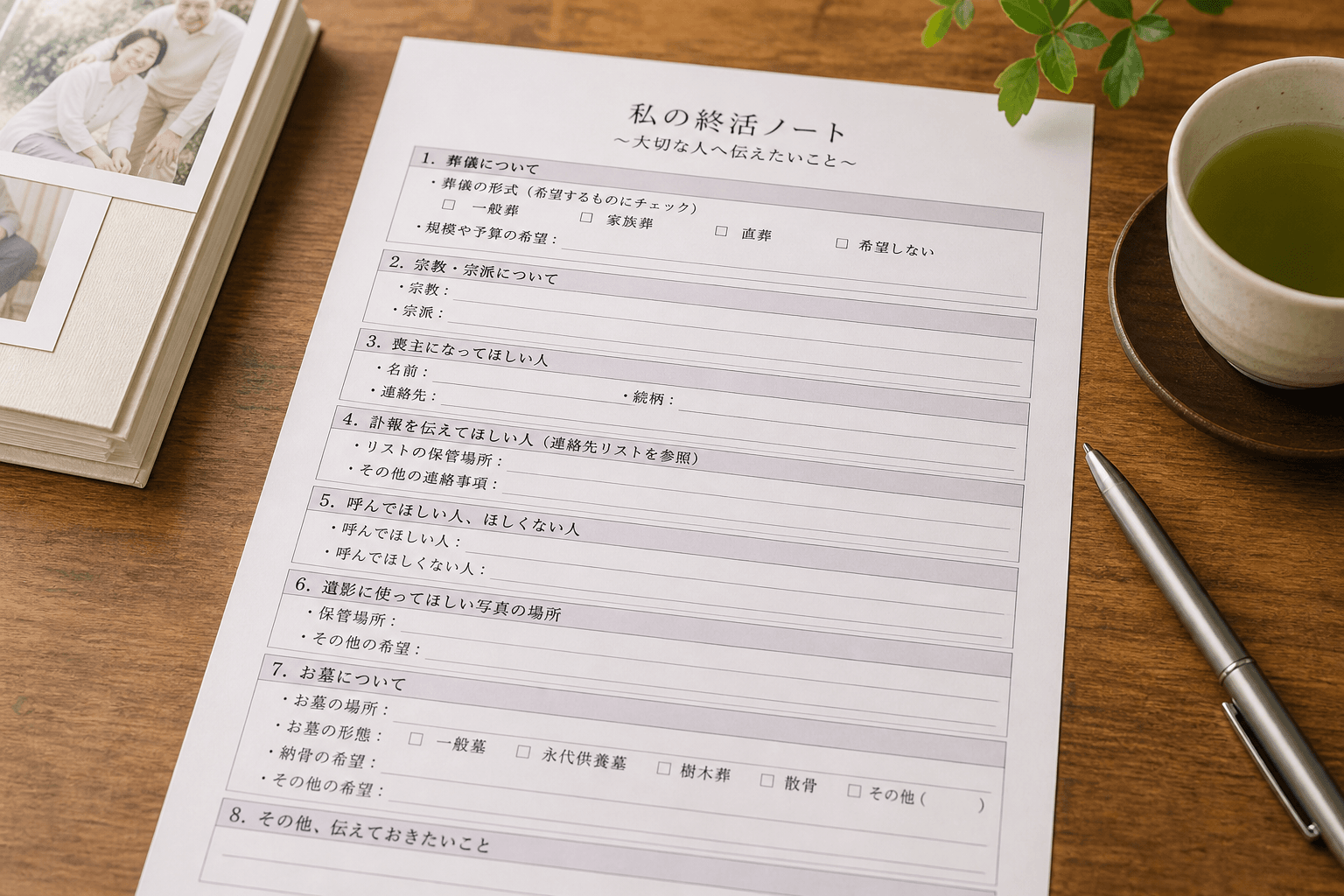[ポイント: 記入項目の例] - 葬儀の形式（一般葬 / 家族葬 / 直葬 / 希望しない など） - 規模や予算の希望 - 宗教・宗派 - 喪主になってほしい人 - 訃報を伝えてほしい人（連絡先リス