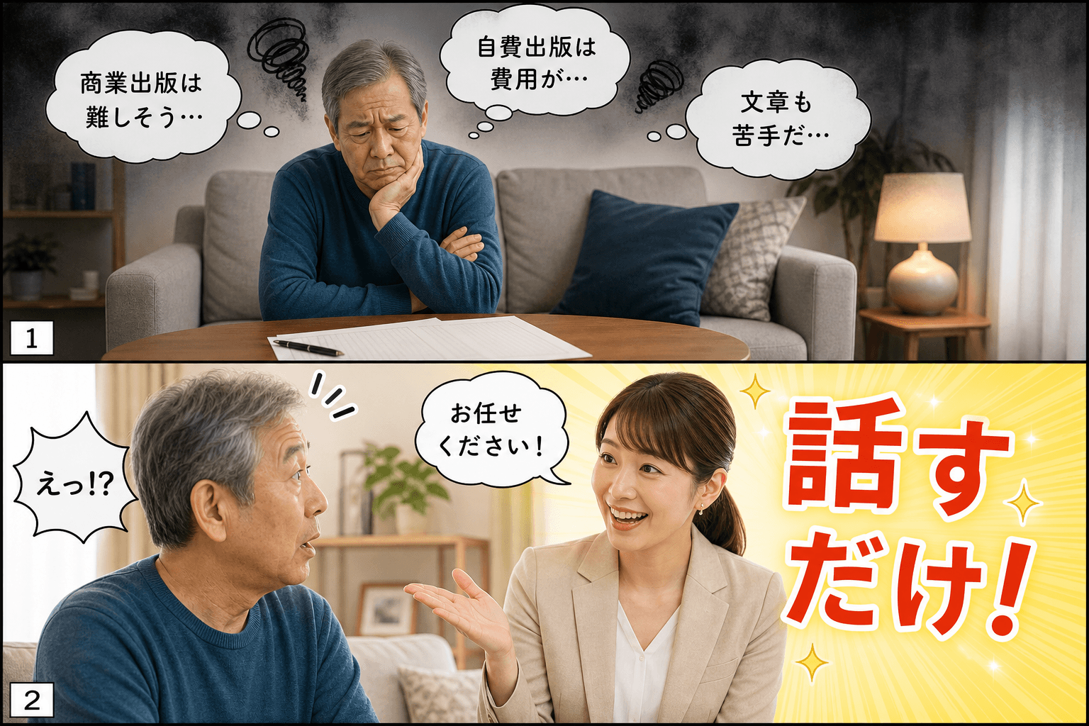 2コママンガ、コマ割りで1枚の画像に収める。コマ1: Aさん: 60代男性。自分の人生を本にしたいが、方法がわからず悩んでいる。 Bさん: 出版サービスの専門スタッフ。親しみやすい女性。、リビングのソ