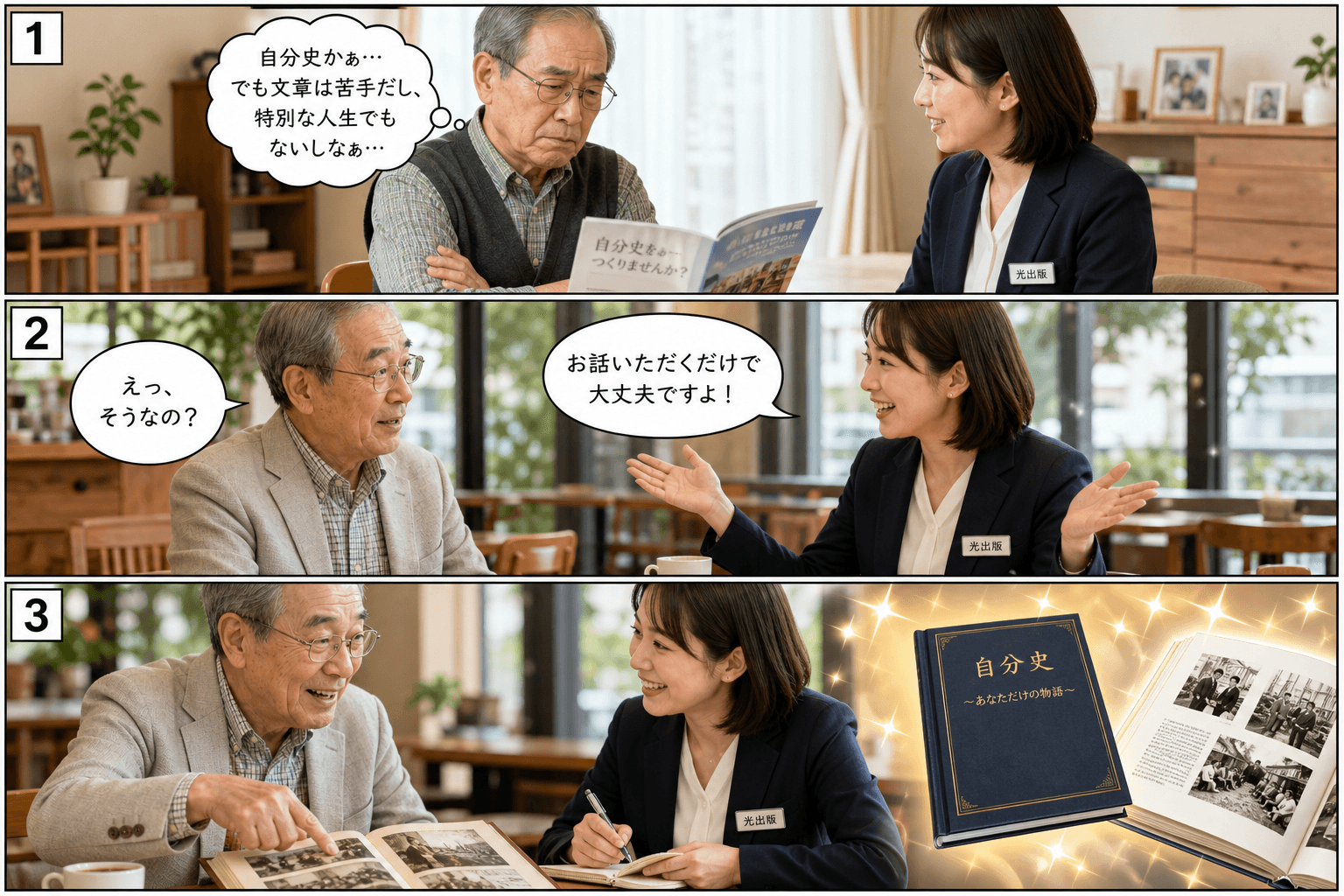 3コママンガ、コマ割りで1枚の画像に収める。コマ1: Aさん: 70代くらいの男性。終活を考えている。 Bさん: 光出版の女性スタッフ（インタビュアー）。、自宅の居間。Aさんが腕を組み、難しい顔でパン
