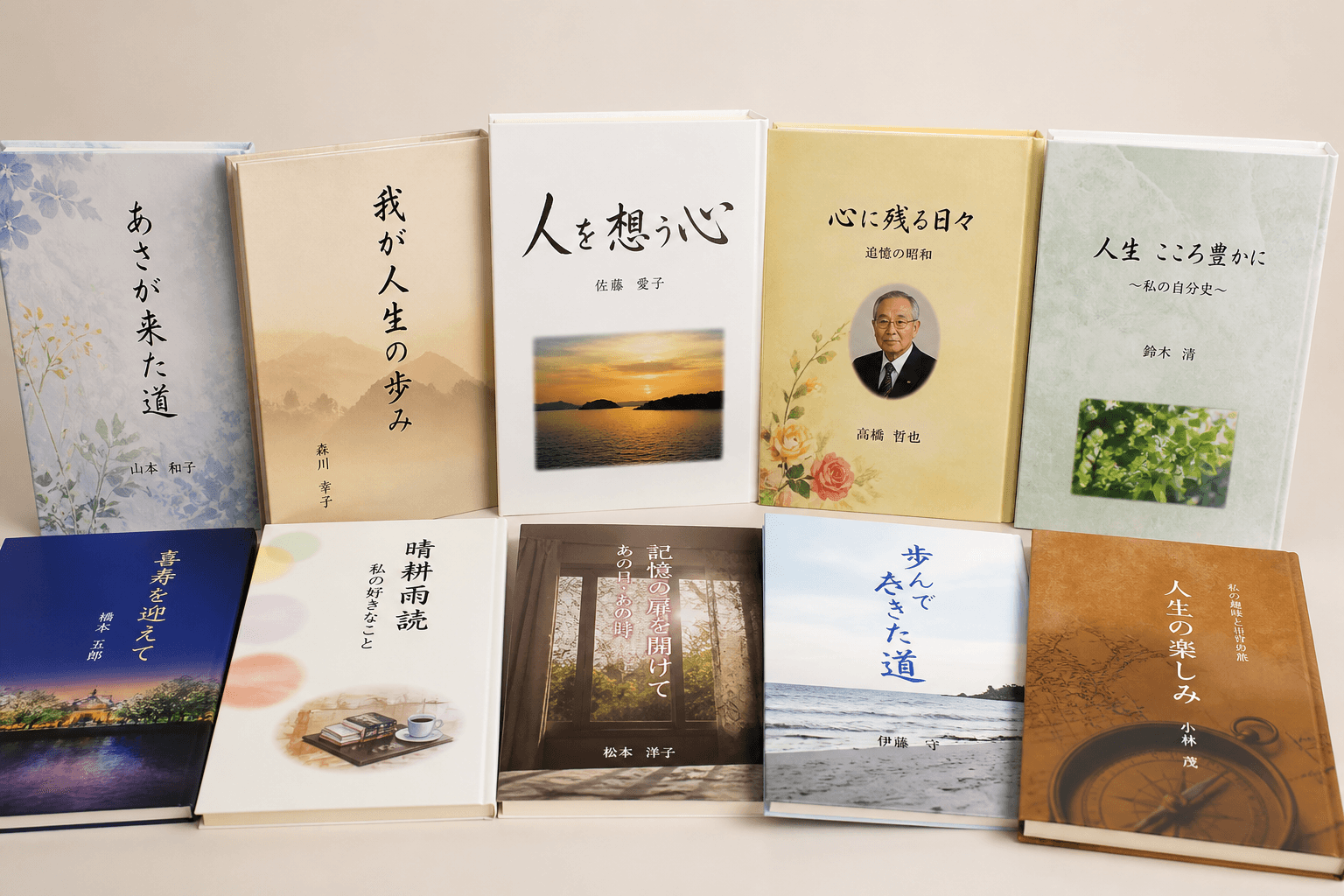 光出版で制作した様々なデザインの自分史の完成本が並んでいる写真]