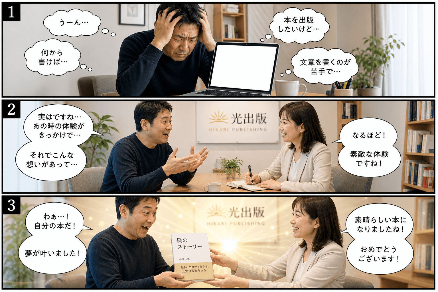 3コママンガ、コマ割りで1枚の画像に収める。コマ1: Aさん: 本を出版したいが、文章を書くのが苦手で悩んでいる40代男性。 スタッフBさん: 光出版のスタッフ。穏やかで聞き上手な女性。、Aさんが自宅