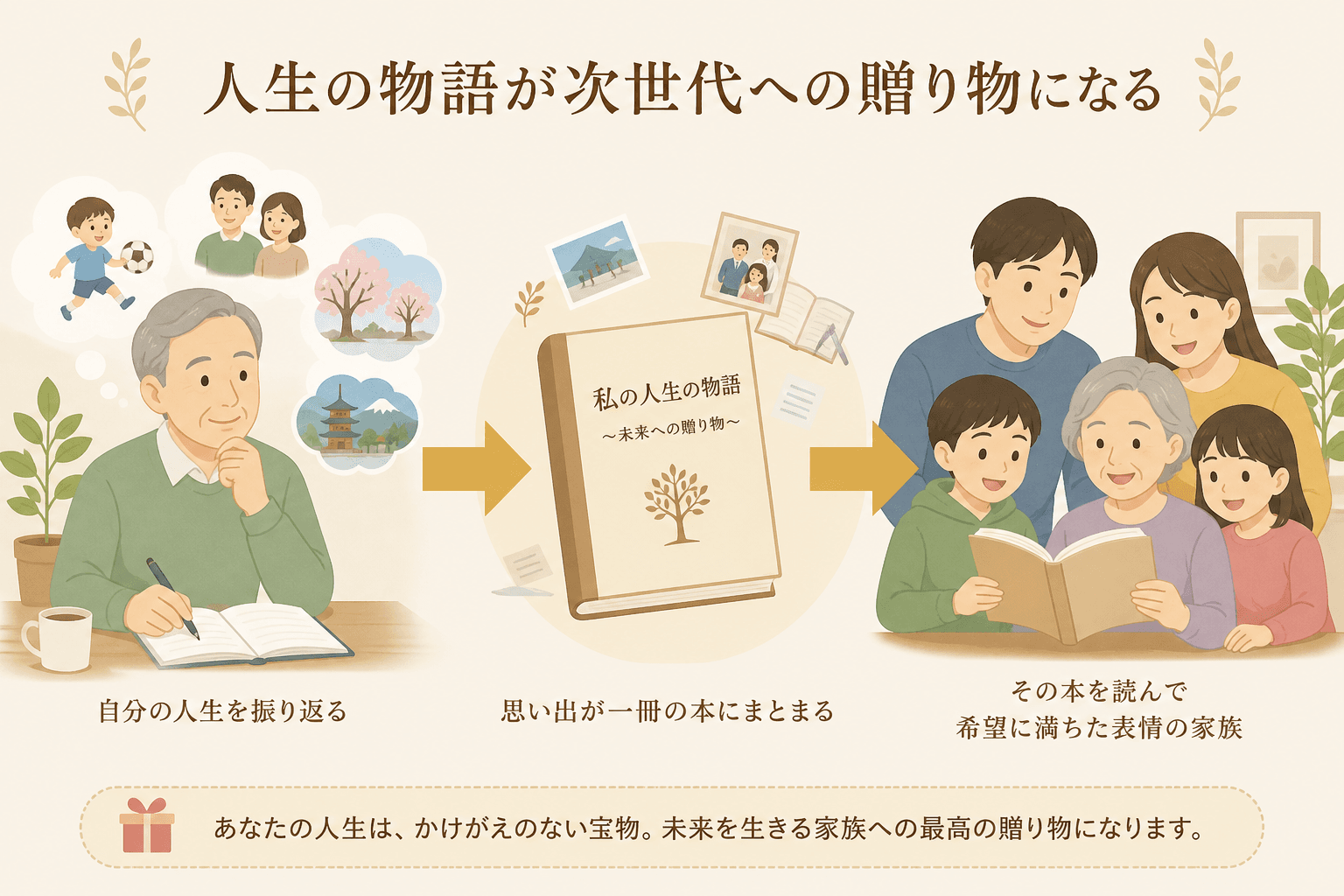 日本人、日本のスタイル, 「人生の物語が次世代への贈り物になる」流れを描くインフォグラフィック。左に自分の人生を振り返る穏やかな人物、中央にその思い出が一冊の本にまとまる様子、右にその本を読んで希望に