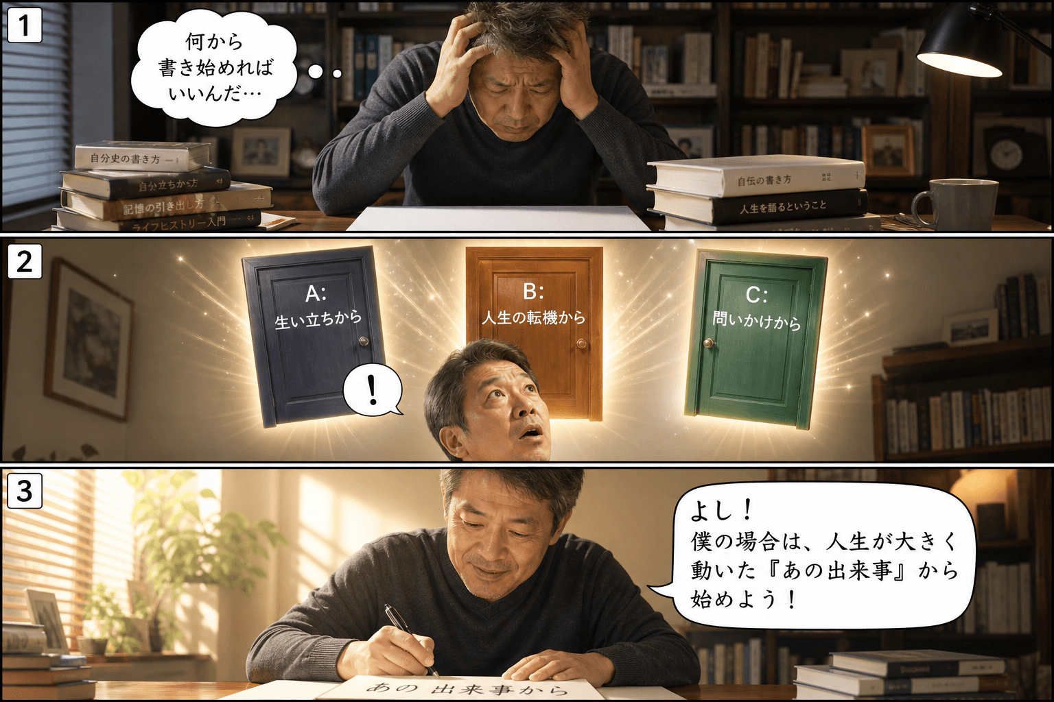 3コママンガ、コマ割りで1枚の画像に収める。コマ1: Aさん（50代男性。自叙伝の執筆に挑戦中）、書斎の机。Aさんが真っ白な原稿用紙（またはパソコンの画面）を前に、頭を抱えてうんざりしている。、眉間に