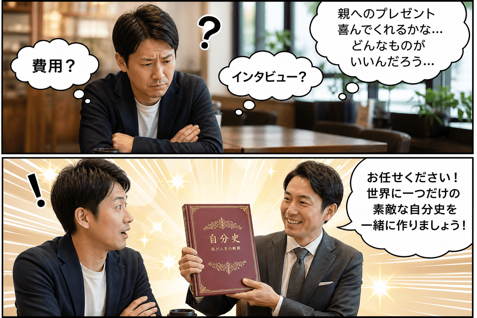 2コママンガ、コマ割りで1枚の画像に収める。コマ1: Aさん（30代男性）、Bさん（自分史作成の専門家）、カフェのテーブルで、Aさんが腕を組んで深刻な顔で考え込んでいる。頭の周りに「？」「費用？」「イ