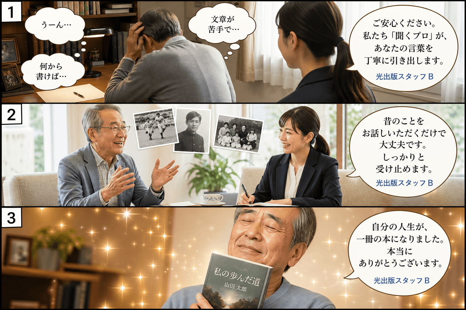 3コママンガ、コマ割りで1枚の画像に収める。コマ1: Aさん: 60代男性。自叙伝を書きたいが文章が苦手で悩んでいる。 スタッフBさん: 30代女性。光出版のスタッフ。「聞くプロ」として安心感を与える
