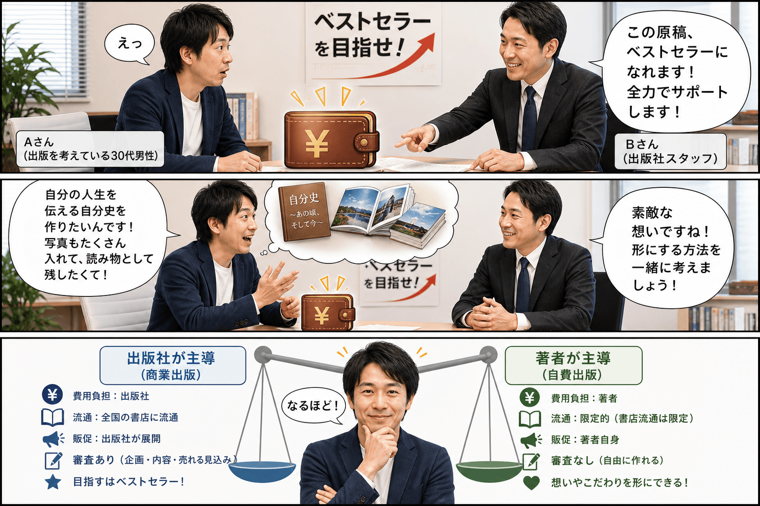 3コママンガ、コマ割りで1枚の画像に収める。コマ1: Aさん: 本の出版を考えている30代男性。 Bさん: 出版社のスタッフ。、出版社の打ち合わせスペース。テーブルを挟んで向かい合うAさんとBさん。B