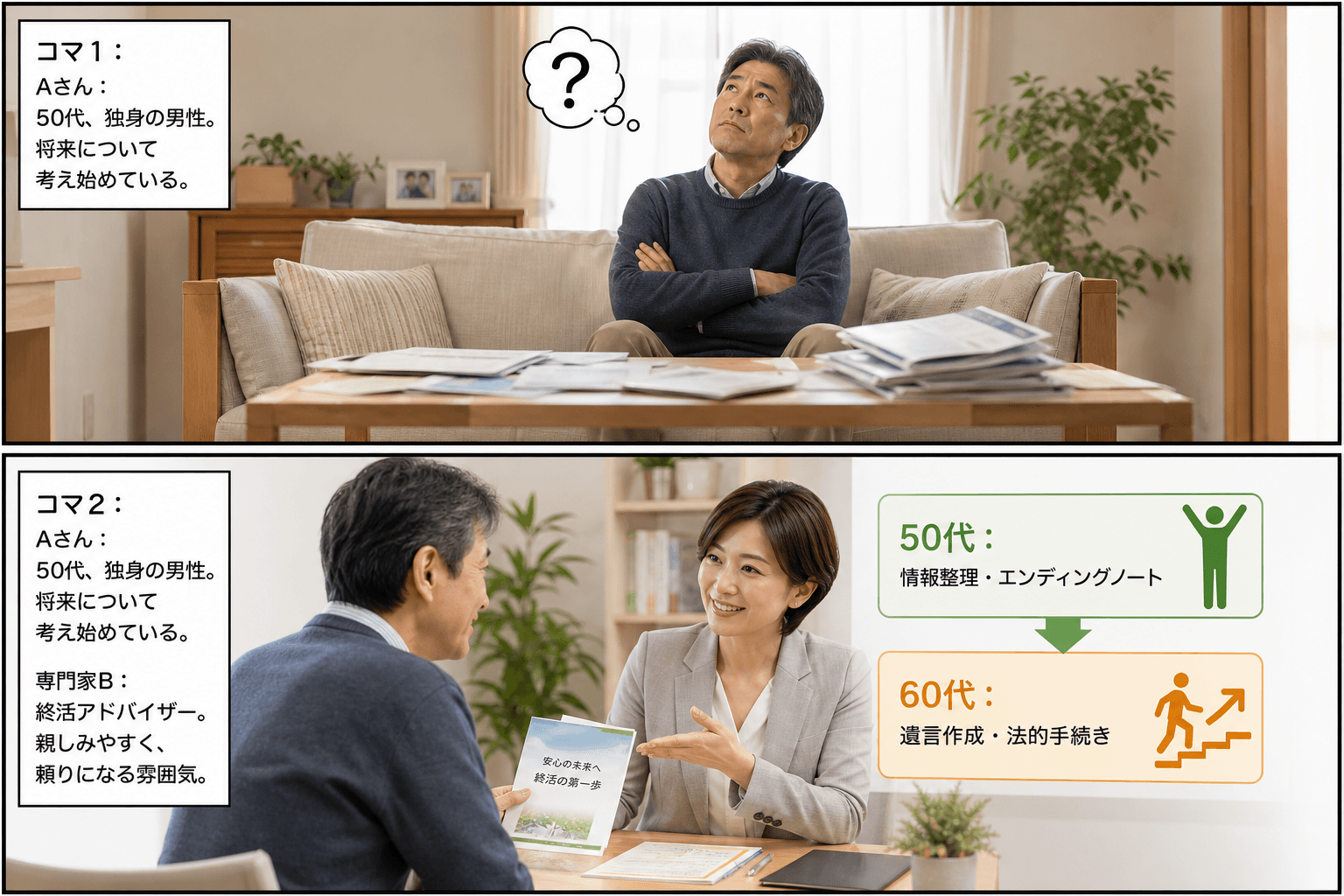 2コママンガ、コマ割りで1枚の画像に収める。コマ1: Aさん: 50代、独身の男性。将来について考え始めている。 専門家B: 終活アドバイザー。親しみやすく、頼りになる雰囲気。、自宅のリビング。ソファ