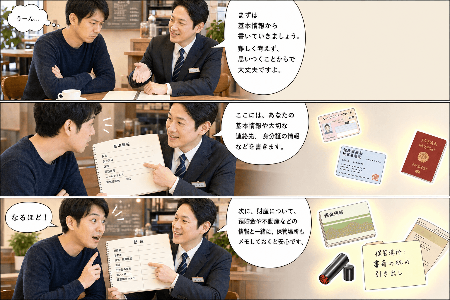 3コママンガ、コマ割りで1枚の画像に収める。コマ1: Aさん: 30代男性。エンディングノートについて学んでいる。 Bさん: 専門スタッフ。Aさんにアドバイスをする。、カフェのテーブル席。エンディング
