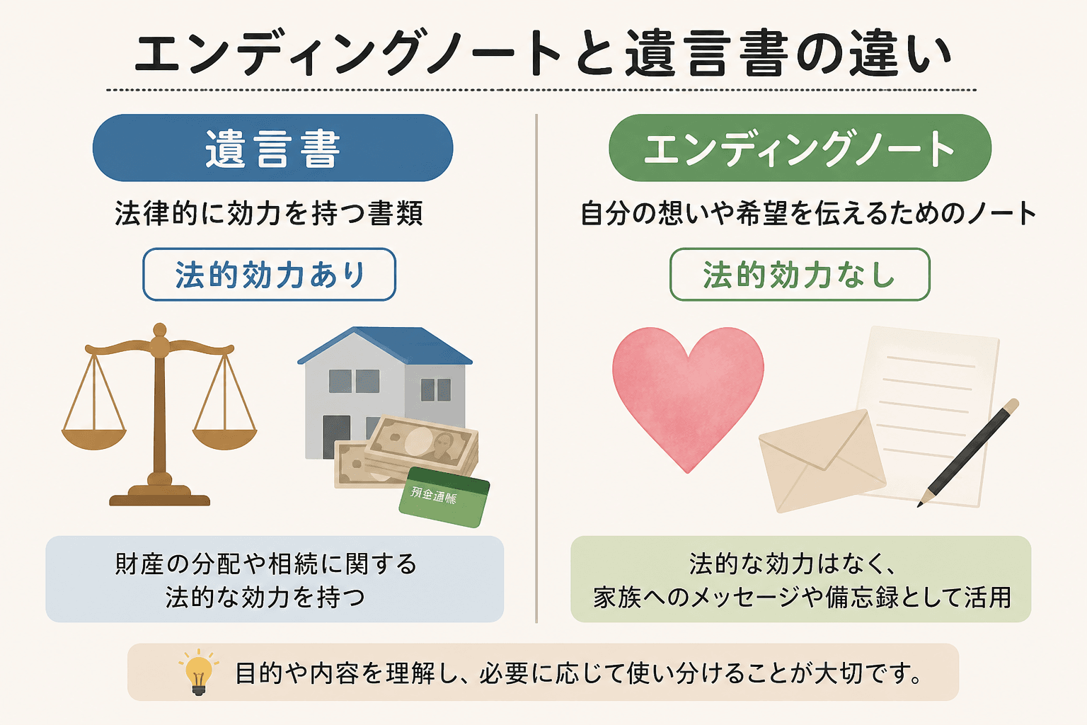 日本人、日本のスタイル, 「エンディングノートと遺言書の違い」をテーマにしたインフォグラフィック。画面を左右に2分割した比較図。左側に「遺言書」を配置し、法律の天秤と財産のアイコンに「法的効力あり」と