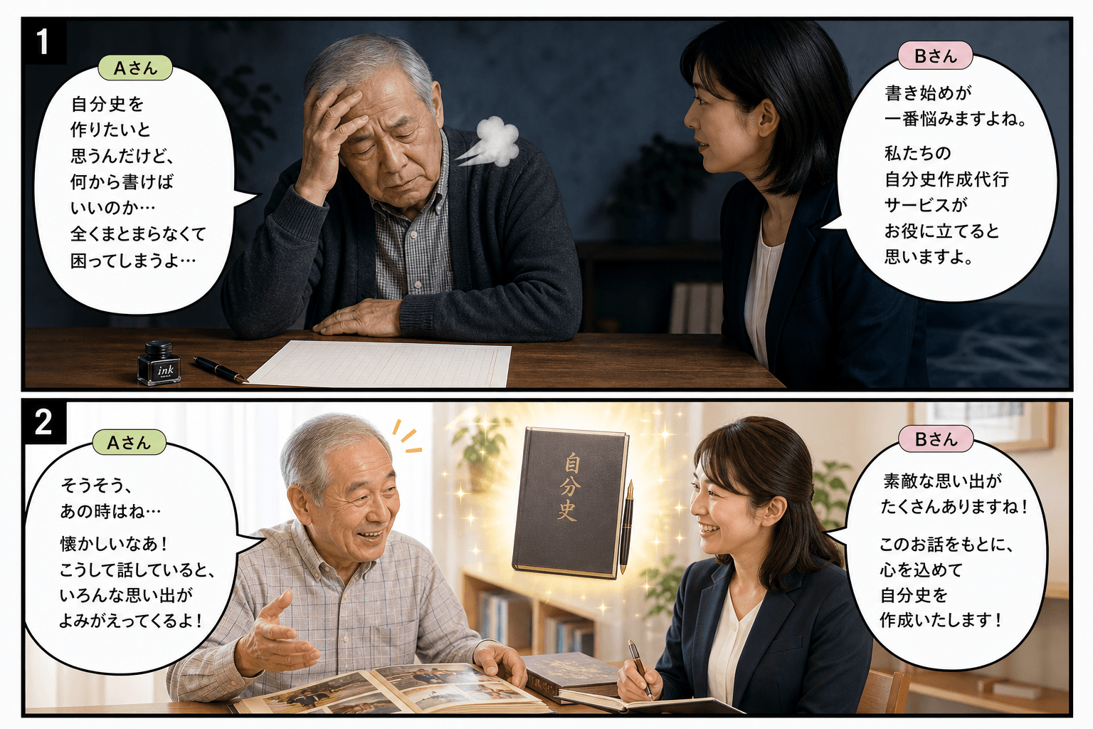 2コママンガ、コマ割りで1枚の画像に収める。コマ1: Aさん: 自分史を作りたいと考えているシニア男性。 Bさん: 自分史作成代行サービスの女性スタッフ。、リビングの机で、白紙の原稿用紙を前に頭を抱え