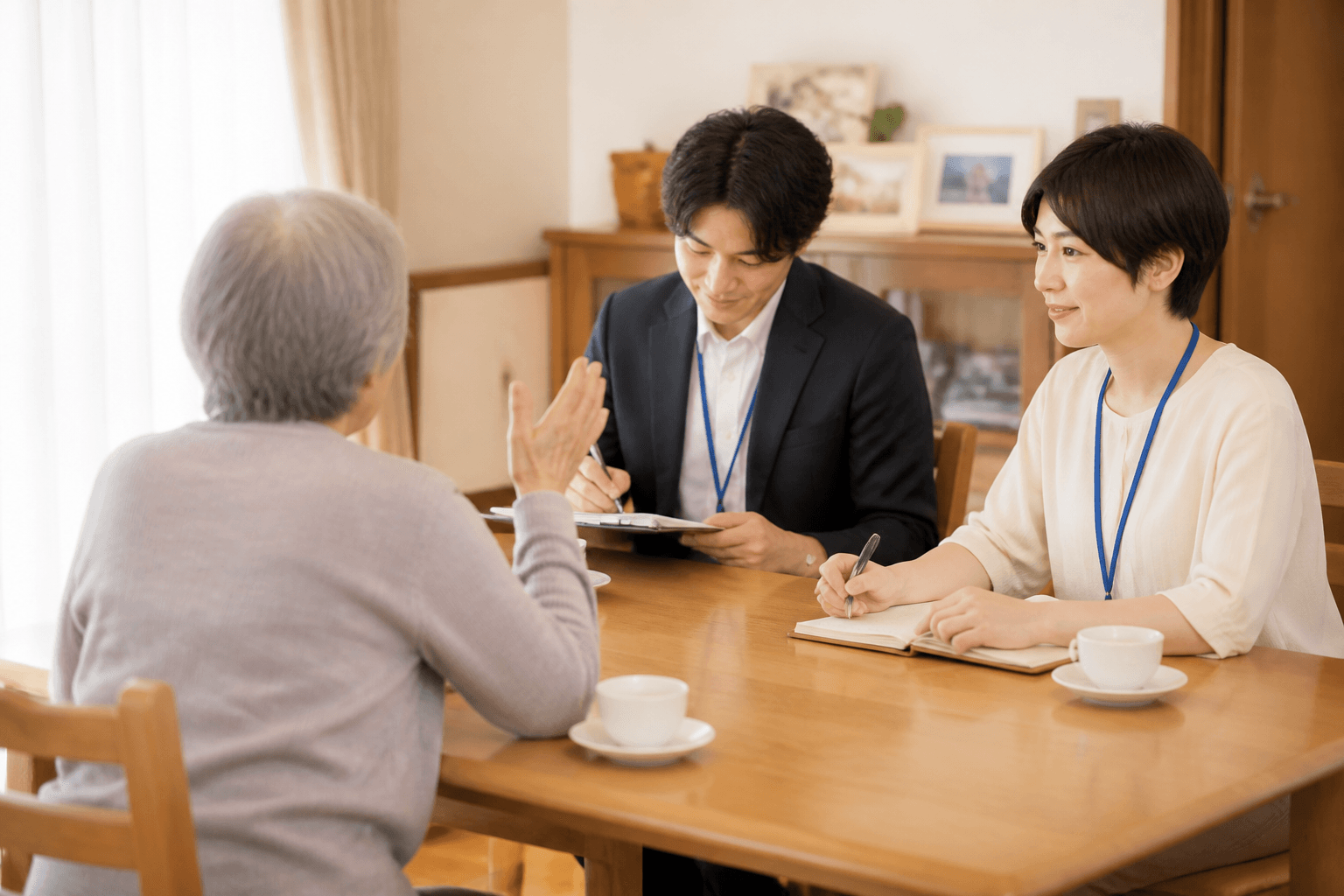 編集者とライターが、和やかな雰囲気でシニアの方からお話を聞いている取材風景の写真。お客様のプライバシーに配慮し、顔がはっきり見えないような構図や、後ろ姿などが望ましい。]