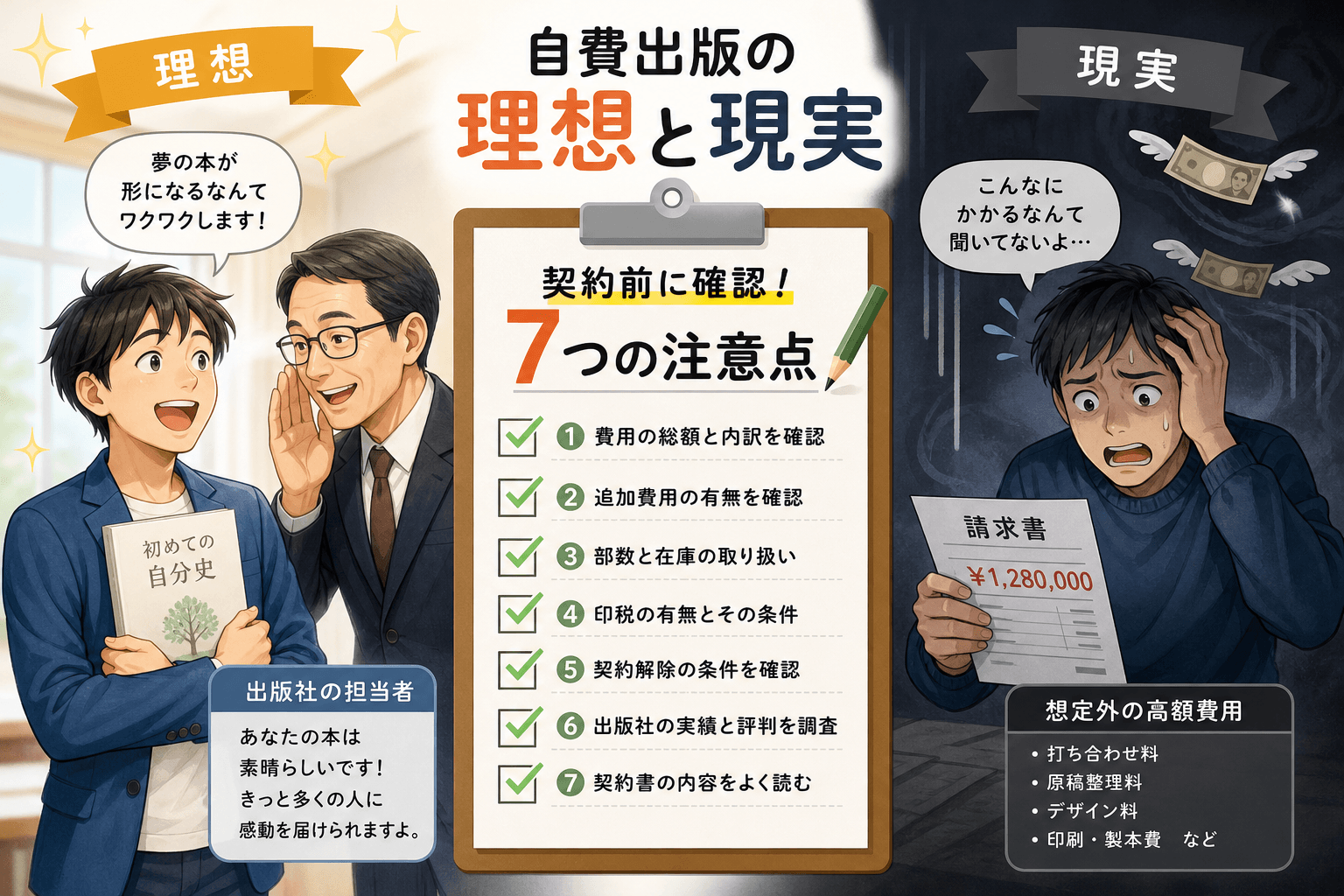 日本人、日本のスタイル, インフォグラフィック、デジタルイラスト。自費出版の理想と現実を対比で描く。左側には、笑顔で夢を語る著者と「あなたの本は素晴らしい」と囁く出版社の担当者。背景は明るい。右側には