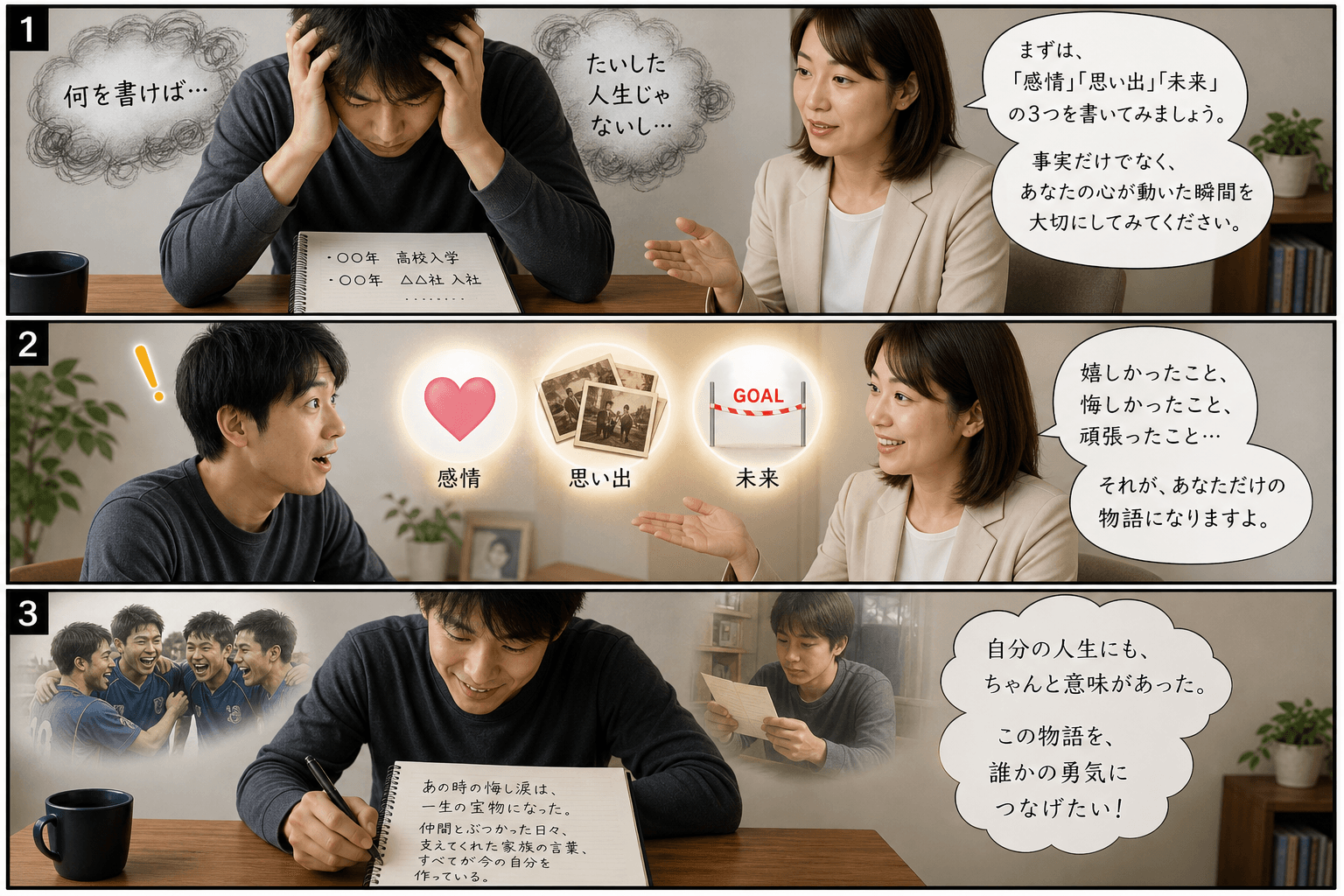 3コママンガ、コマ割りで1枚の画像に収める。コマ1: Aさん: 自叙伝を書きたいが、筆が進まず悩んでいる30代男性。 Bさん: 光出版の編集者。穏やかで的確なアドバイスをする女性。、自宅の机。Aさんが
