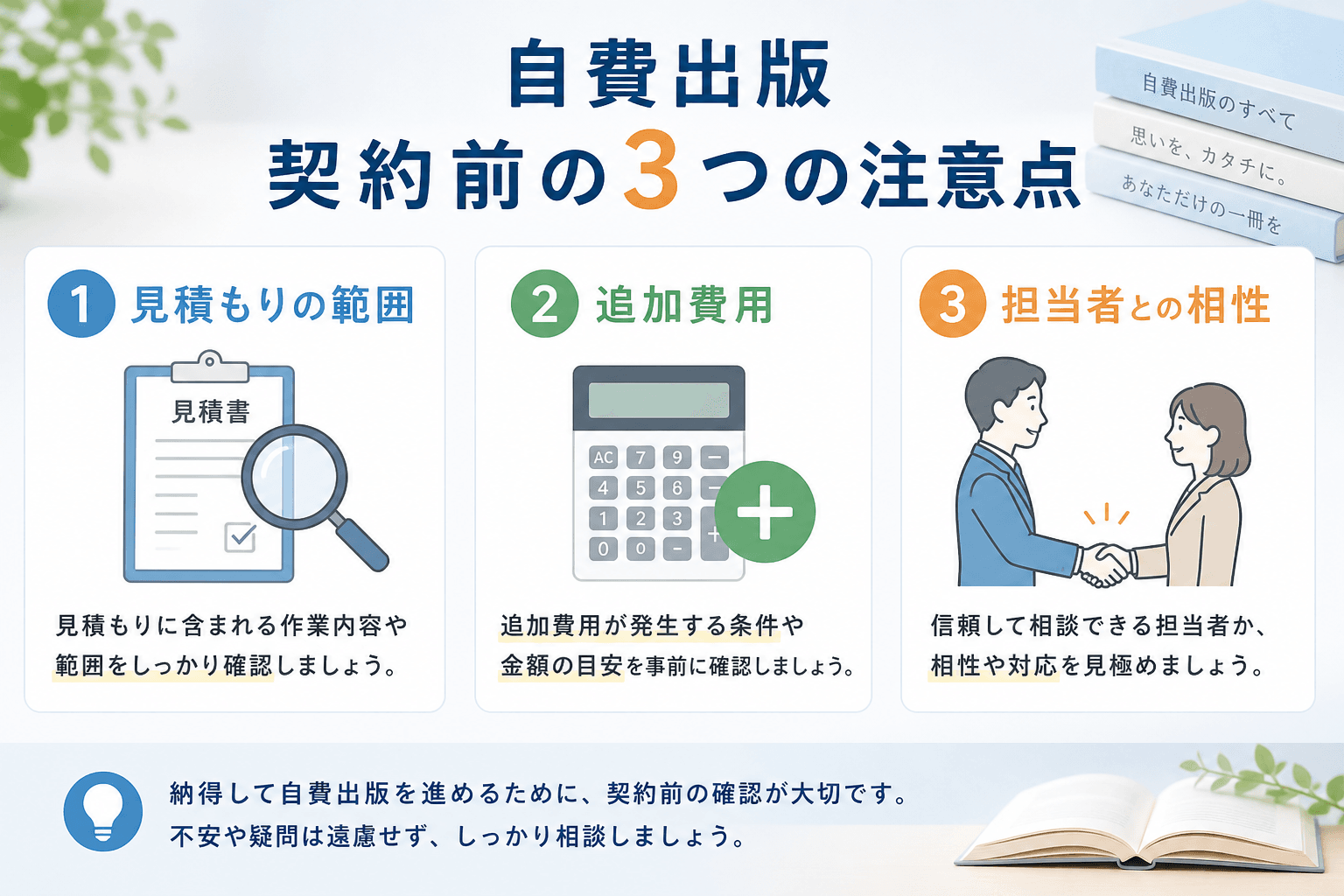 日本人、日本のスタイル, 「自費出版 契約前の3つの注意点」というタイトルのインフォグラフィック。クリーンなフラットデザインで、「見積もりの範囲(書類と虫眼鏡のアイコン)」「追加費用(電卓と+マークの