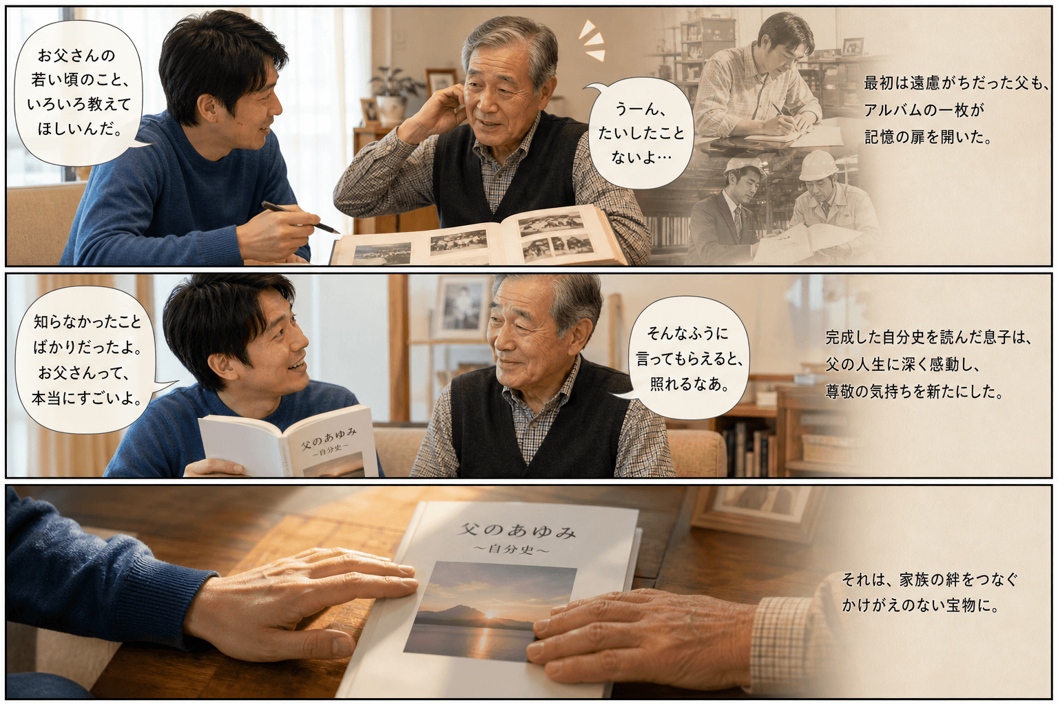 3コママンガ、コマ割りで1枚の画像に収める。コマ1: 息子Aさん（30代）、父Bさん（70代）、リビング。息子Aさんが、少し照れくさそうな父Bさんにインタビューしている。テーブルには古いアルバムが広げ