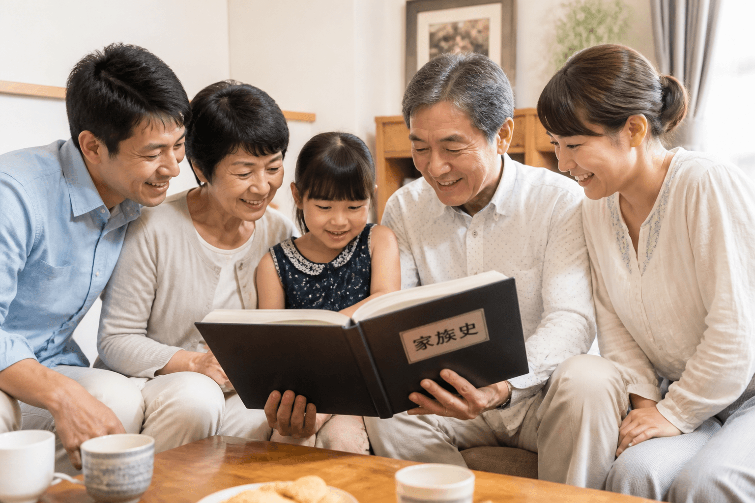 三世代の家族がリビングに集まり、完成した一冊の家族史を笑顔で覗き込んでいる様子の写真。]