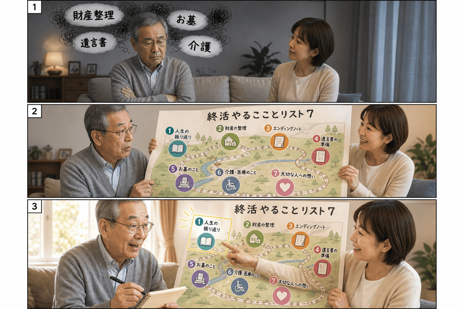 3コママンガ、コマ割りで1枚の画像に収める。コマ1: - 田中さん: 60代男性。終活を考え始めたが、漠然とした不安を感じている。 - アドバイザー: 終活の案内役。親しみやすく、穏やかな雰囲気の女性