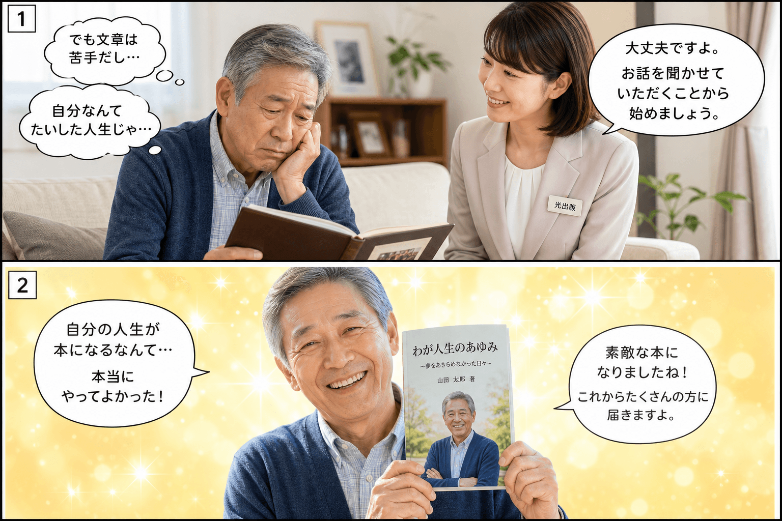 2コママンガ、コマ割りで1枚の画像に収める。コマ1: Aさん: 60代男性。自分の人生を本にすることに興味があるが、自信がない。 Bさん: 光出版の女性スタッフ。親しみやすく、安心感を与える雰囲気。、