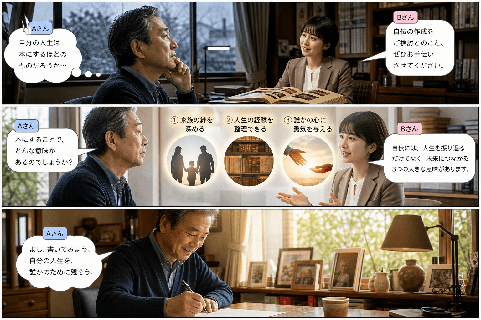 3コママンガ、コマ割りで1枚の画像に収める。コマ1: Aさん: 自伝の作成を検討している初老の男性 Bさん: 出版社の女性スタッフ、自宅の書斎。机に置かれた古いアルバムを見ながら、Aさんが窓の外をぼん