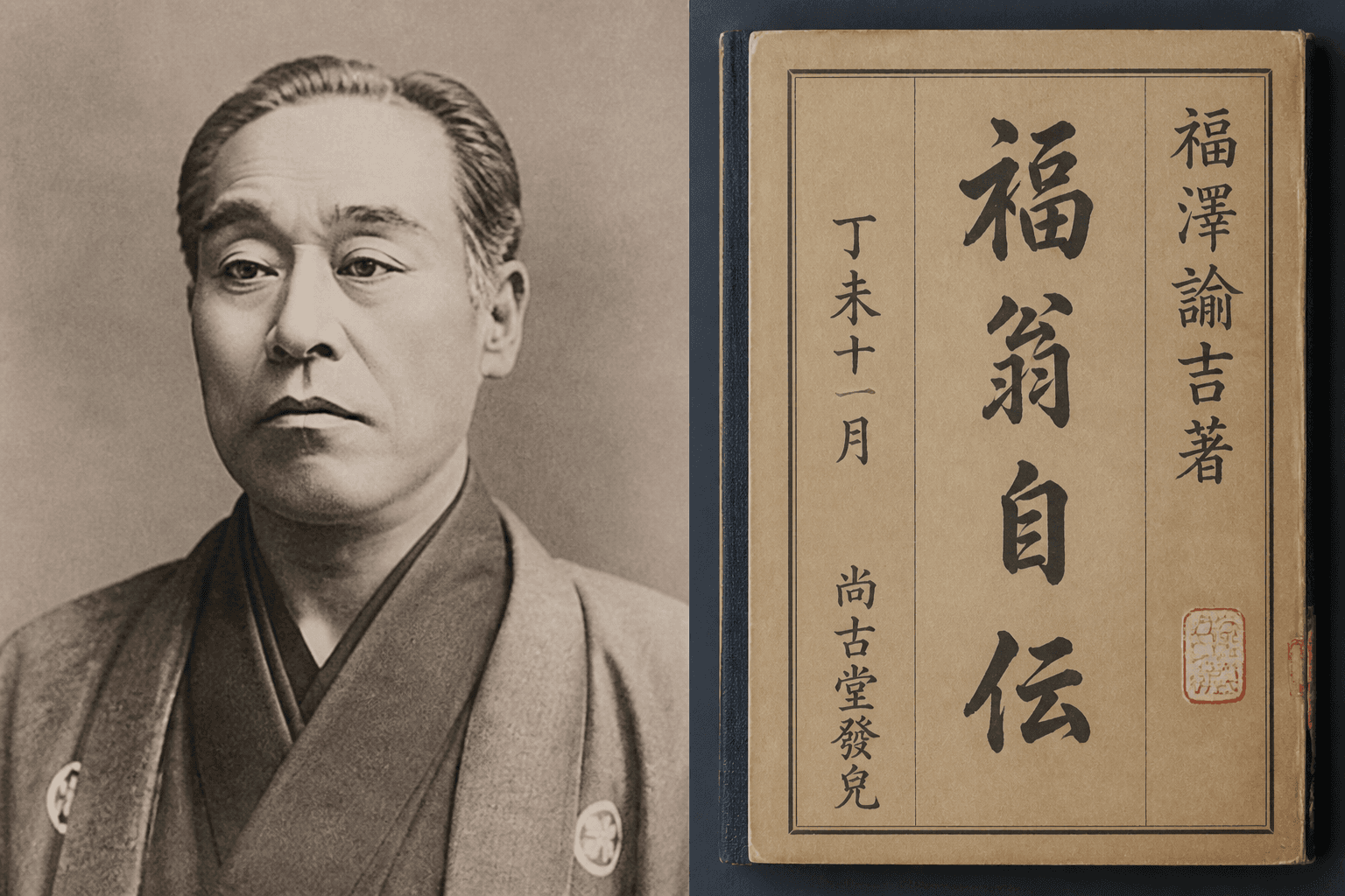 福澤諭吉の肖像写真、または『福翁自伝』の書影]