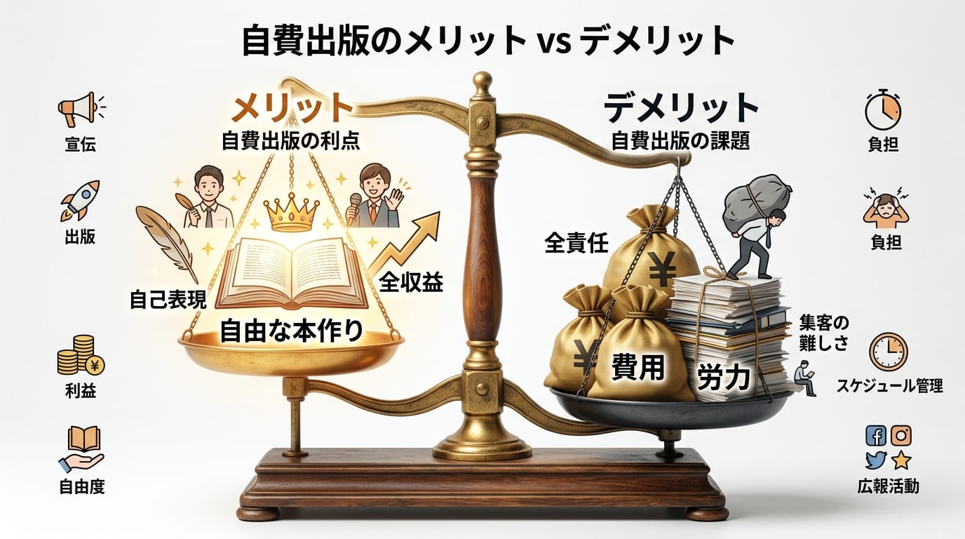 日本人、日本のスタイル, 自費出版のメリットとデメリットを比較するインフォグラフィック。中央に大きな天秤を配置し、左の皿には「自由な本作り」を象徴する輝く本と王冠が乗り、明るい雰囲気。右の皿には「費用