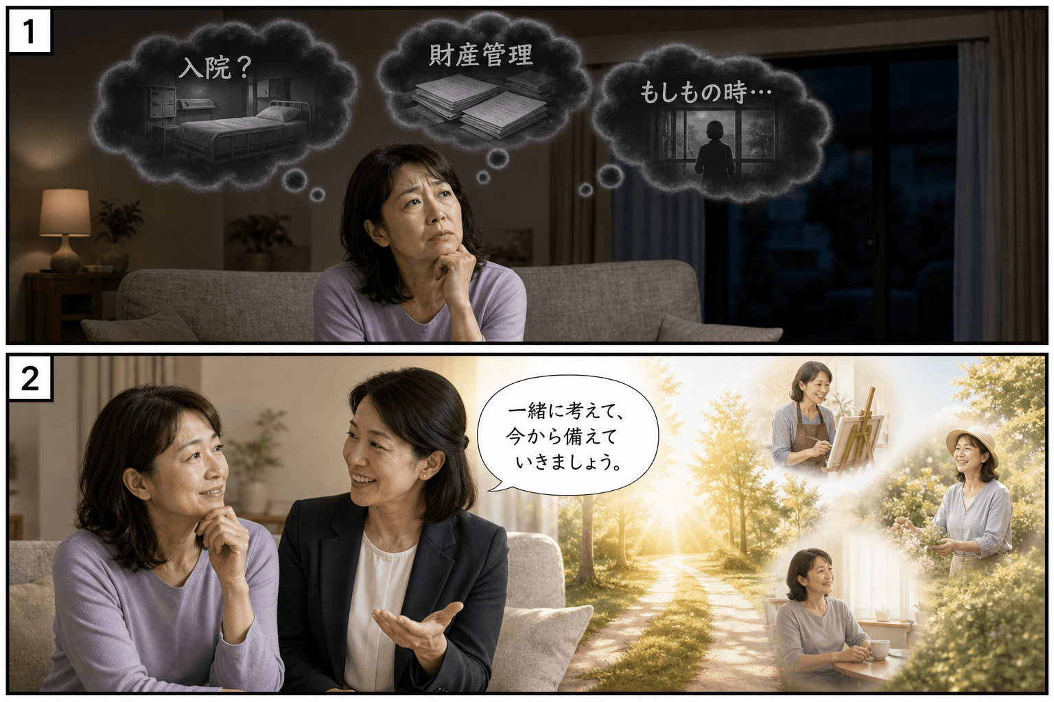 2コママンガ、コマ割りで1枚の画像に収める。コマ1: Cさん: 50代、独身女性。将来に漠然とした不安を抱えている。 Dさん: 専門家（光出版のスタッフ）。穏やかで信頼できる雰囲気。、夜、Cさんが一人