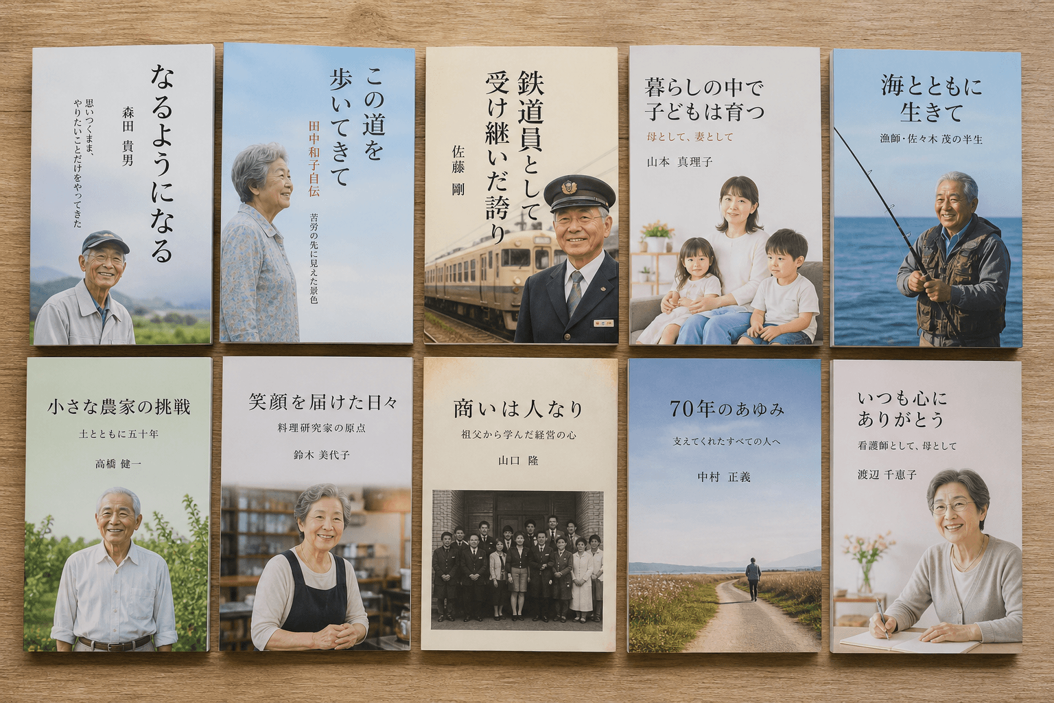 『なるようになる』『鉄道員として受け継いだ誇り』『暮らしの中で子どもは育つ』など、実際の自分史・自伝の表紙画像を複数枚並べて掲載する。読者が自分事として捉えやすい、親しみのあるデザインのものを中心に選