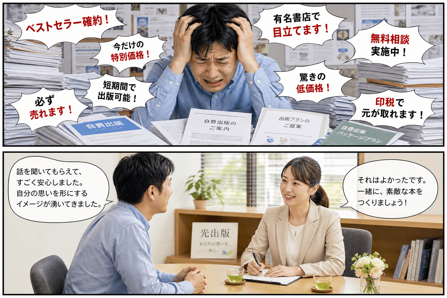 2コママンガ、コマ割りで1枚の画像に収める。コマ1: - Aさん: 自費出版を検討している30代男性。少し不安そうな表情。 - スタッフBさん: 光出版の相談員。穏やかで信頼できそうな雰囲気の女性。、