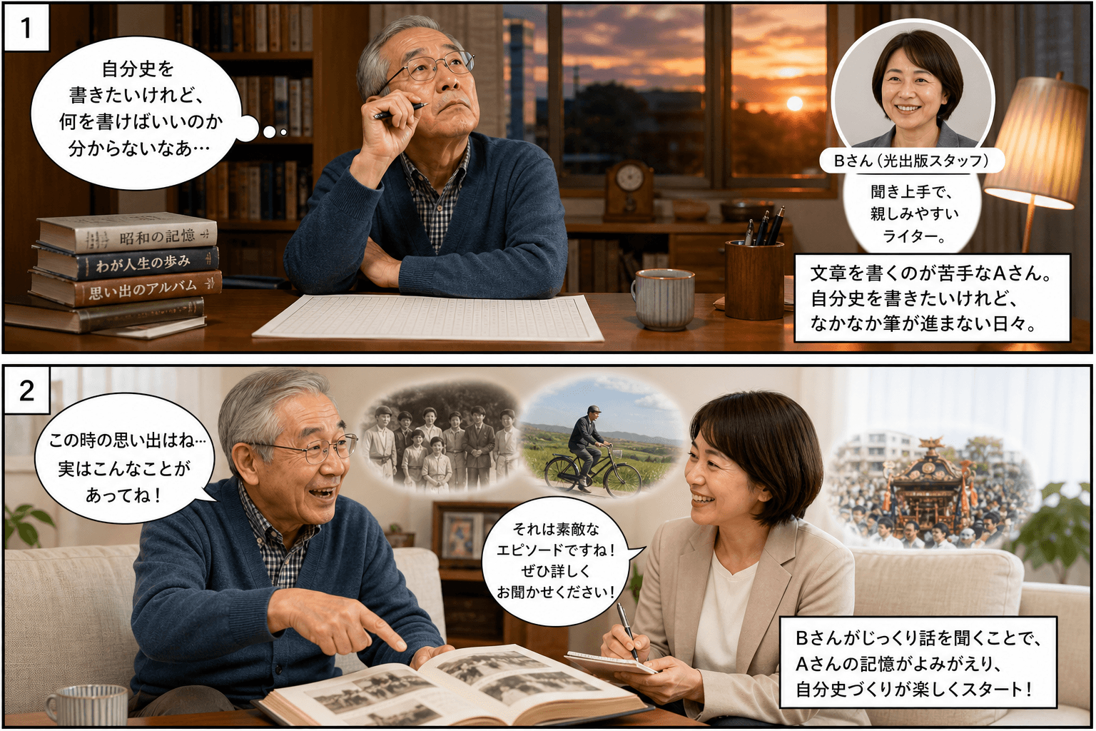 2コママンガ、コマ割りで1枚の画像に収める。コマ1: Aさん: 自分史を作りたいと考えているが、文章が苦手な70代男性。 Bさん: 光出版の女性スタッフ（ライター）。聞き上手で親しみやすい雰囲気。、書