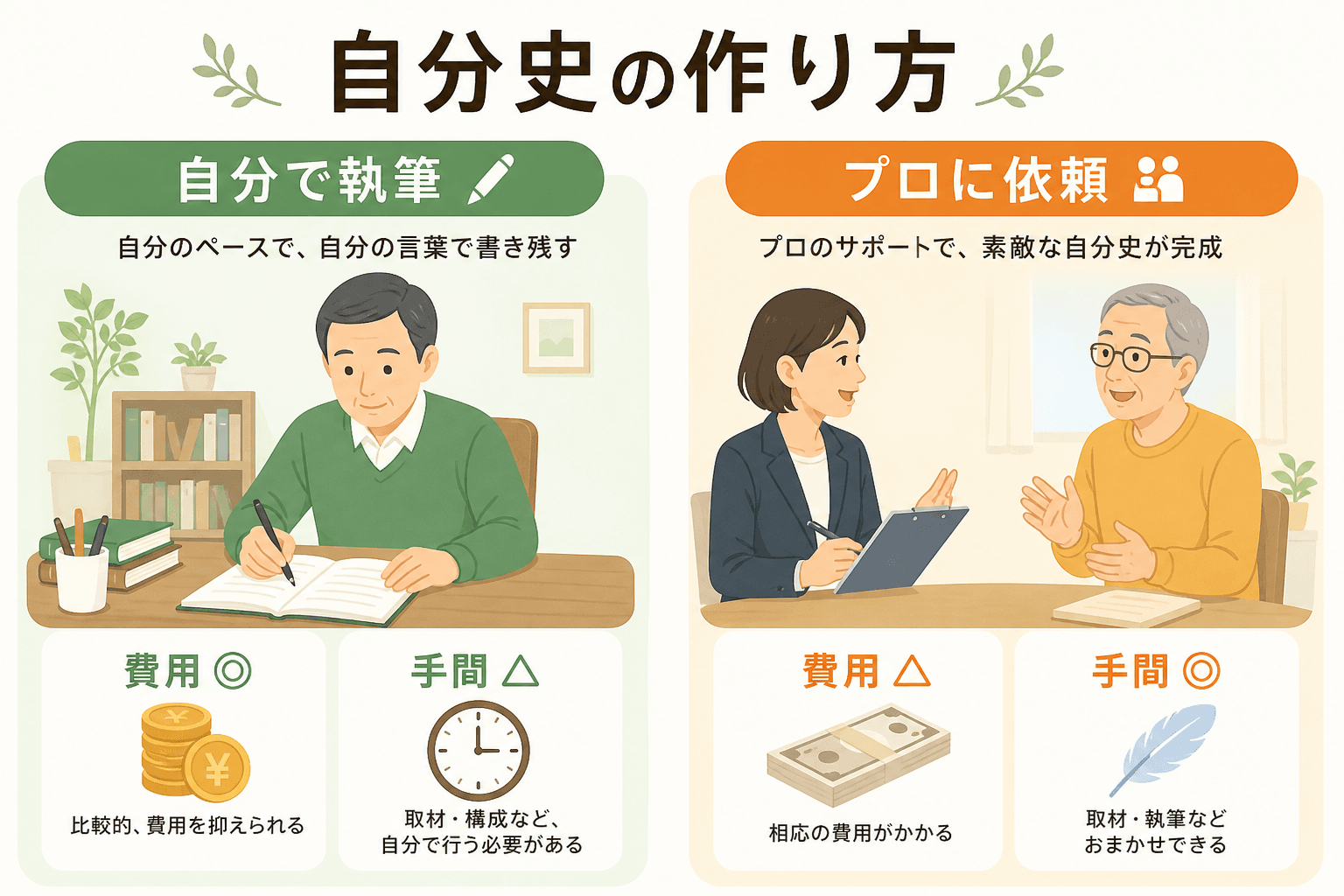 日本人、日本のスタイル, 「自分史の作り方」というタイトルのインフォグラフィック。画面を左右に分割した比較図。左は「自分で執筆」をテーマに、机で一人ペンを走らせる人物と、「費用◎（硬貨）」「手間△（時