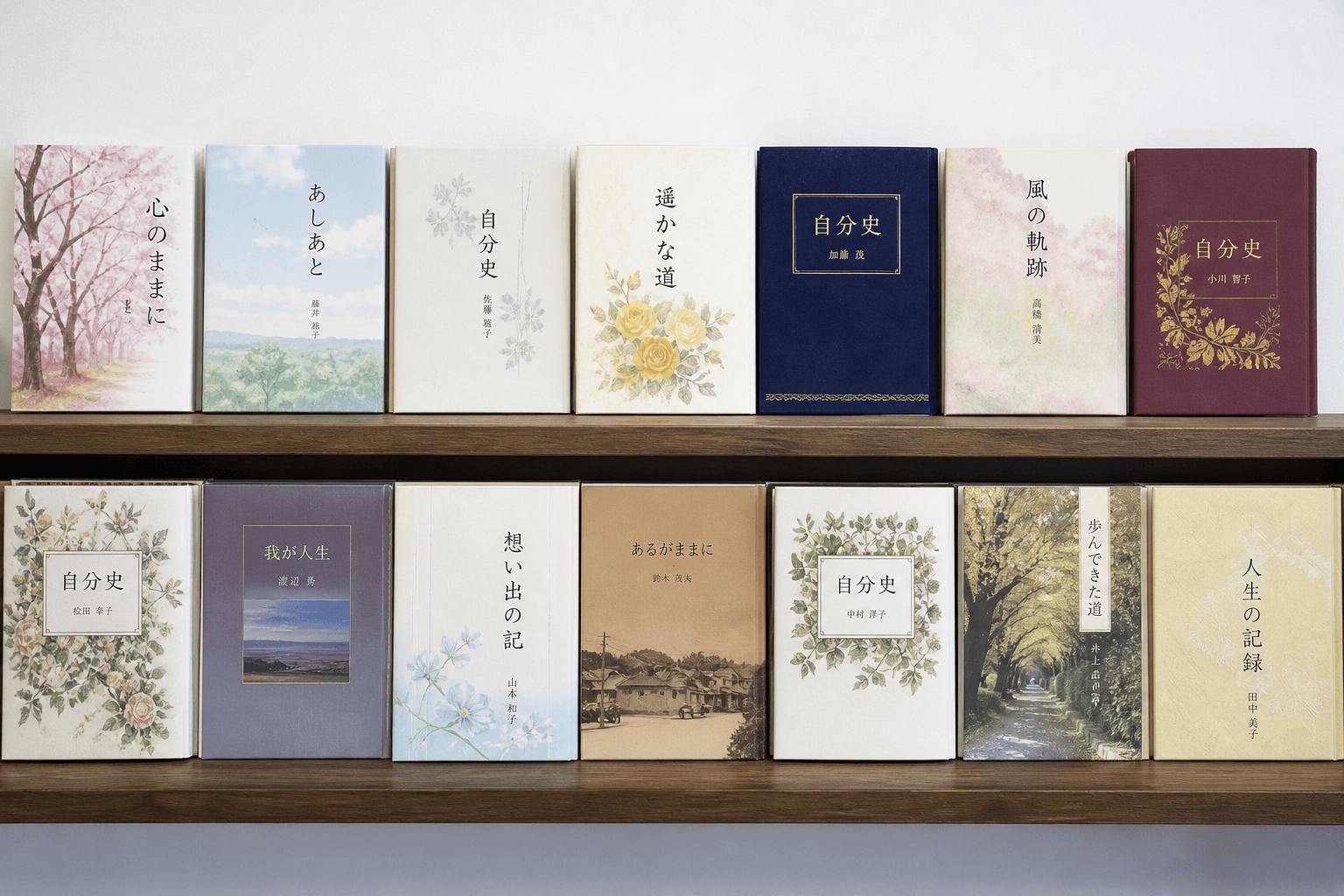 これまで光出版で制作した、デザインの異なる様々な自分史の書籍が美しく並べられている写真]