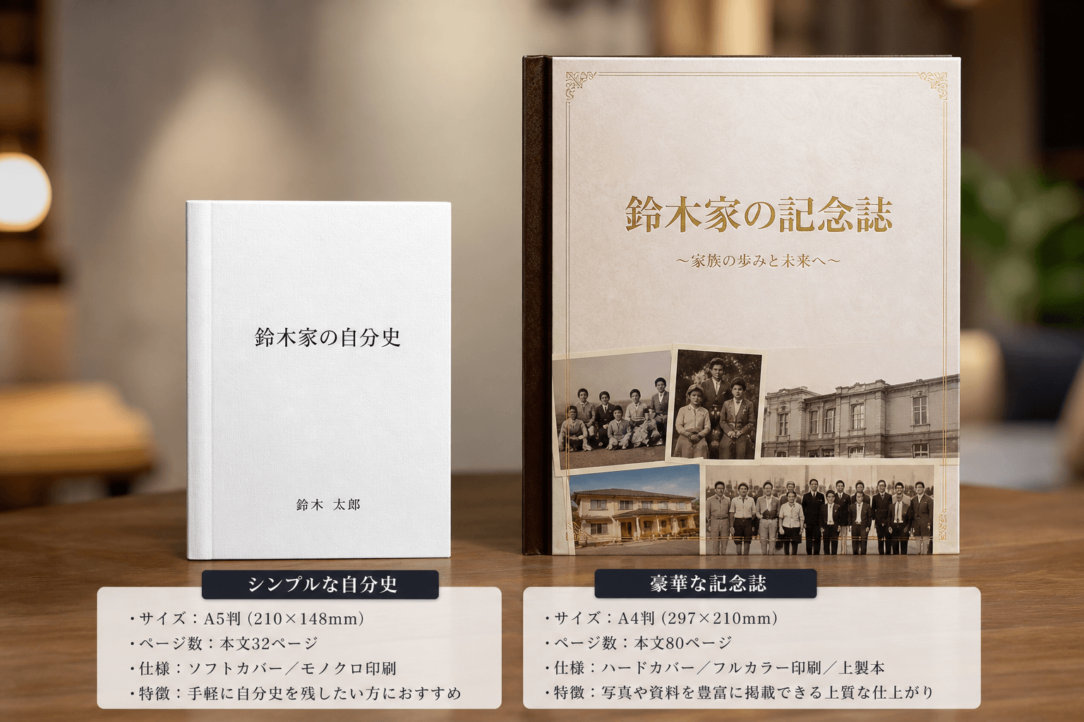 「シンプルな自分史」と「豪華な記念誌」の完成見本を並べ、仕様の違いがわかるようにキャプションを付けた比較写真]