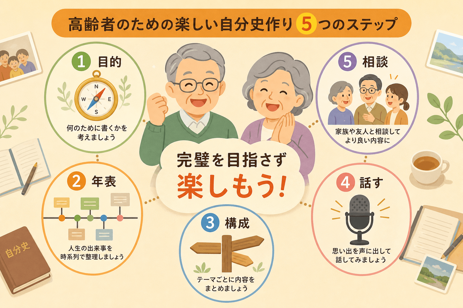 日本人、日本のスタイル, 「高齢者のための楽しい自分史作り5つのステップ」がテーマのインフォグラフィック。中央に「完璧を目指ず楽しもう！」というメッセージと笑顔の高齢者。周りに番号付きで5つのアイコ