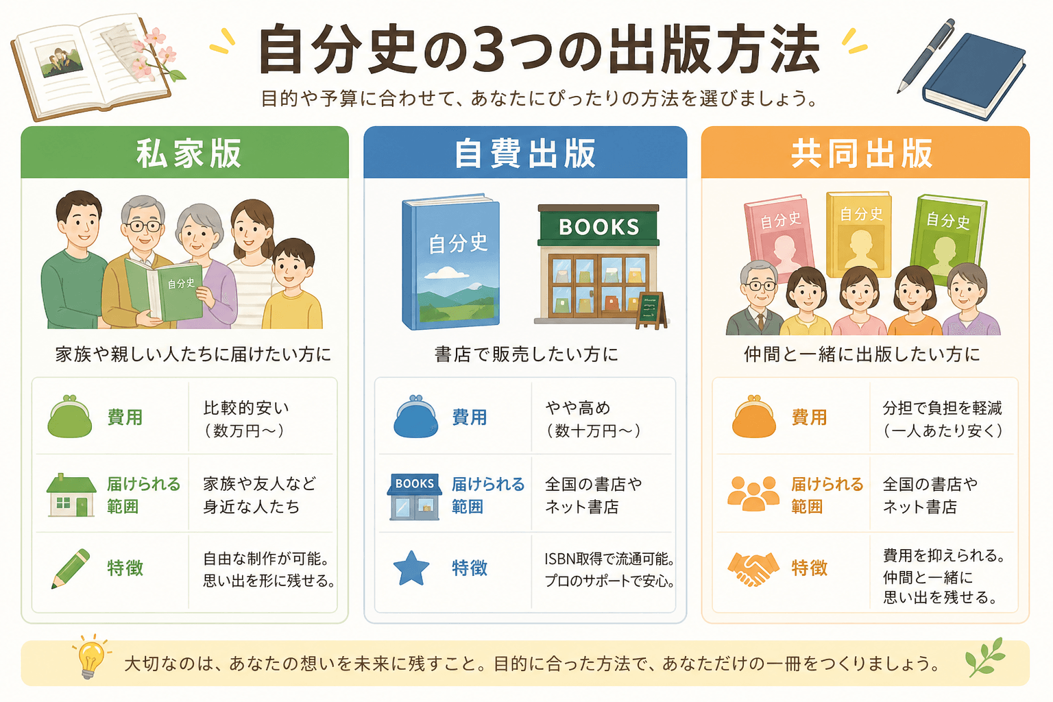 日本人、日本のスタイル, インフォグラフィックを作成。「自分史の3つの出版方法」というタイトルで、「私家版」「自費出版」「共同出版」の3つの選択肢を比較する図。各項目に、家族や書店を象徴するアイコンと