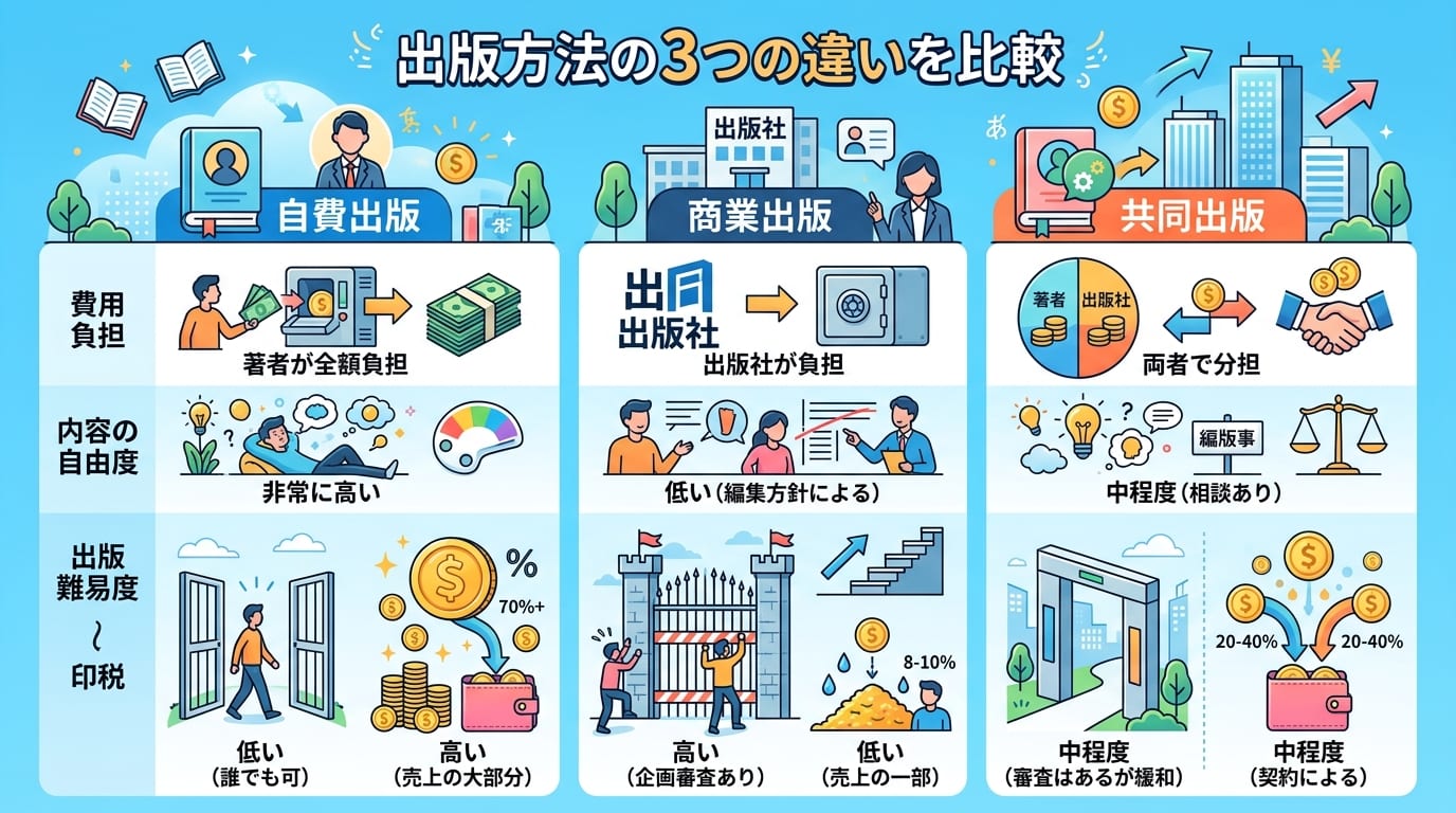 日本人、日本のスタイル, 「自費出版」「商業出版」「共同出版」の3つの違いを比較するインフォグラフィック。3つの列に分け、それぞれの特徴をアイコンで表現。比較項目は「費用負担」「内容の自由度」「出版難