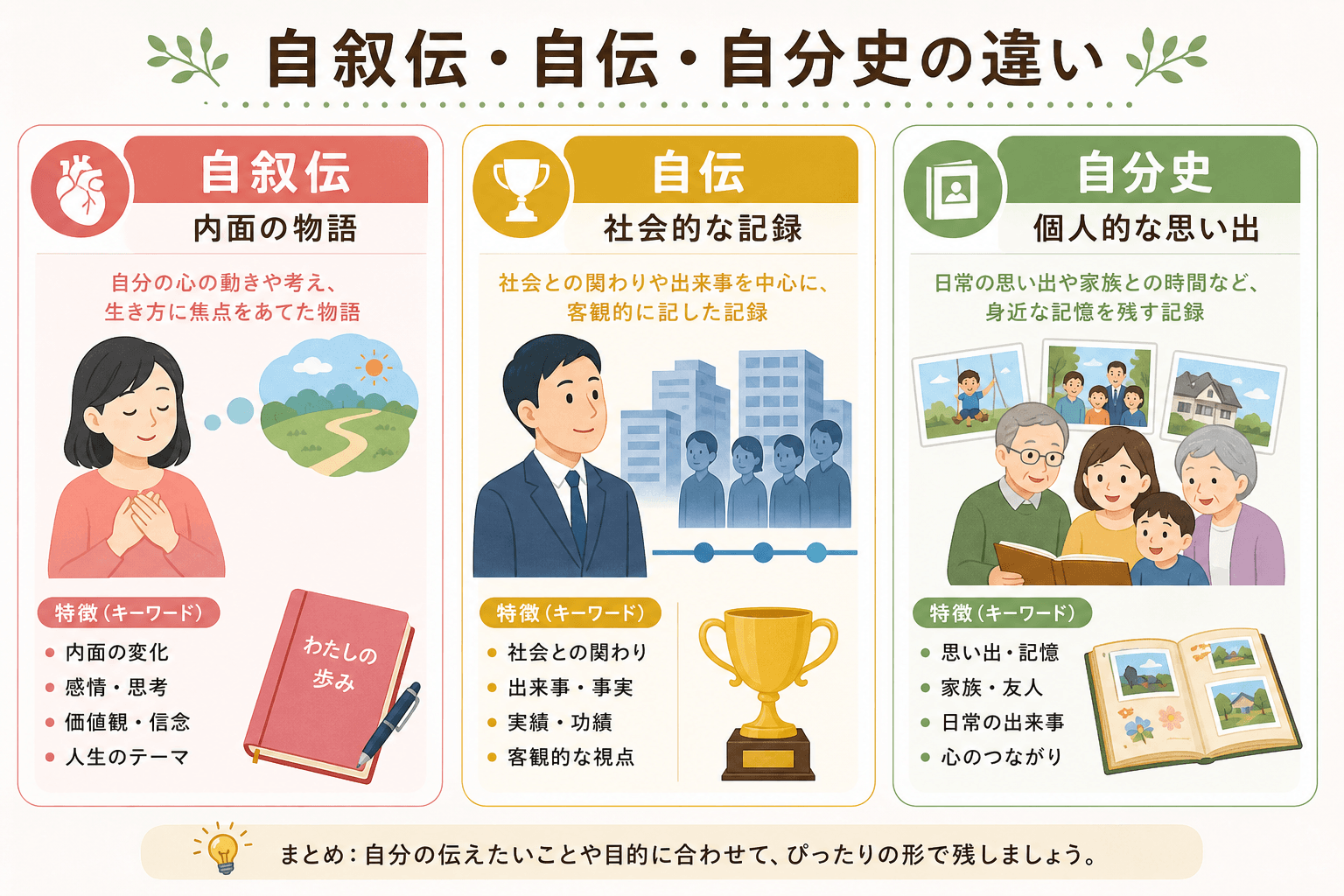 日本人、日本のスタイル, 「自叙伝・自伝・自分史の違い」をテーマにしたインフォグラフィック。フラットデザインのデジタルイラスト。画面を3分割し、左から【自叙伝：内面の物語（アイコン：心臓）】、【自伝：