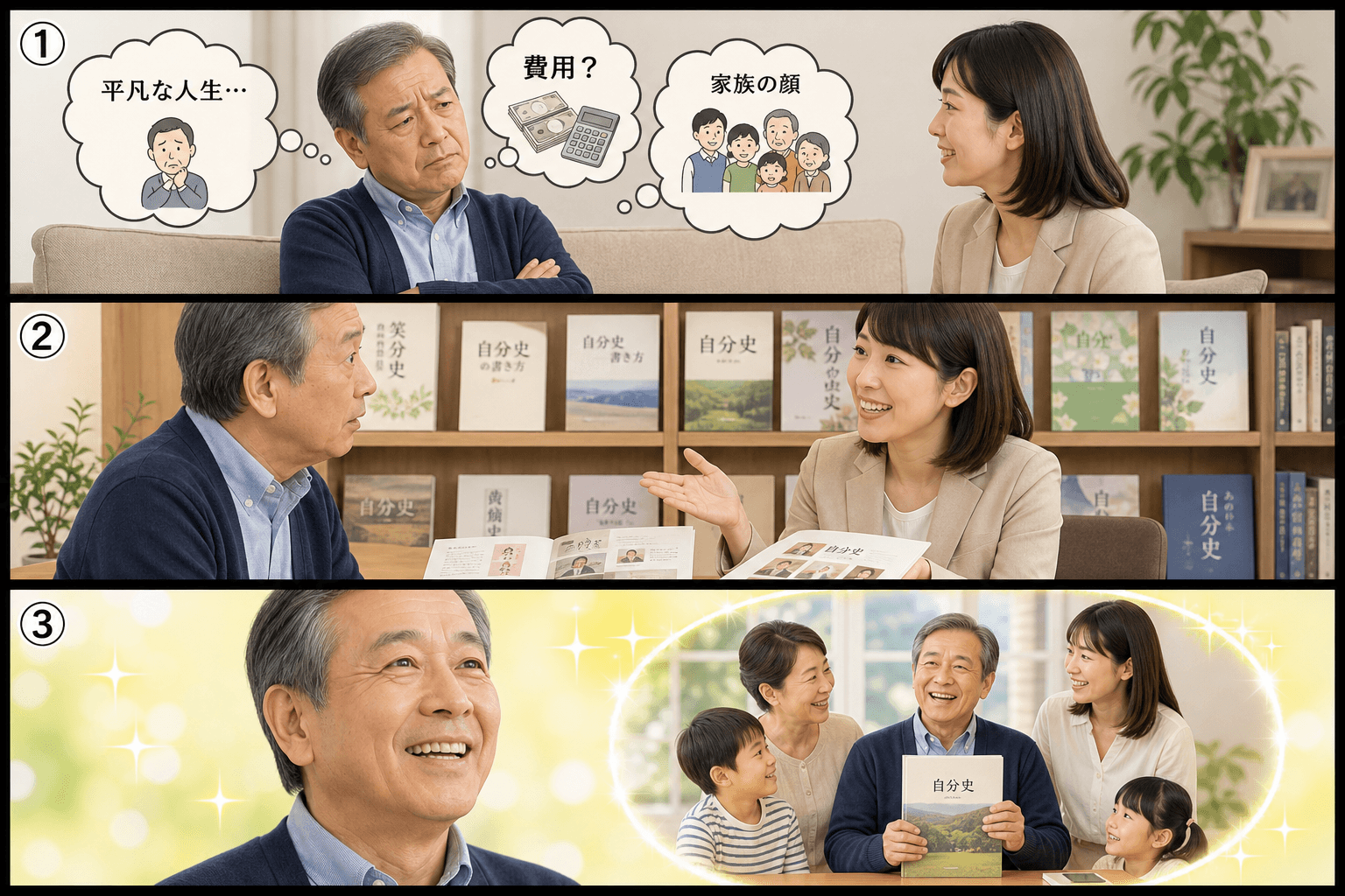 3コママンガ、コマ割りで1枚の画像に収める。コマ1: 相談者Aさん: 60代の男性。自分史に興味があるが、多くの不安を抱えている。 スタッフBさん: 30代の女性。出版社の親身なスタッフ。、自宅のリビ
