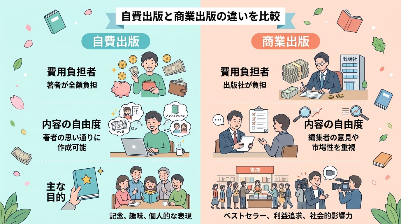 日本人、日本のスタイル, 自費出版と商業出版の違いを比較するインフォグラフィック。フラットデザインのデジタルイラスト。画面を左右に分け、左に「自費出版」、右に「商業出版」を配置。それぞれの費用負担者、