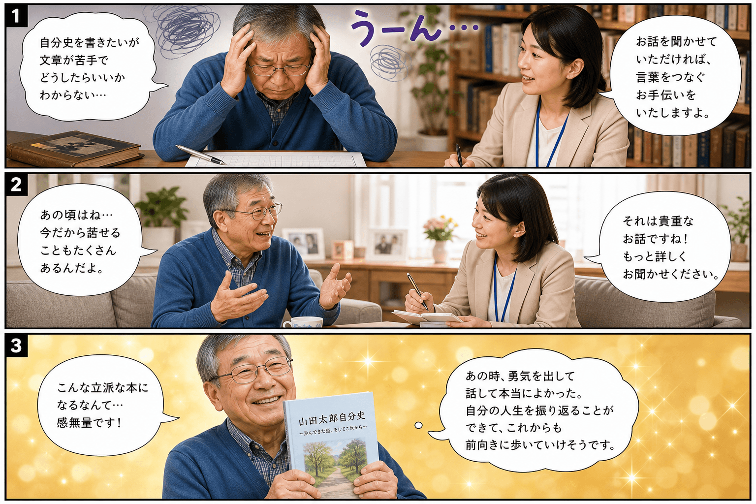 3コママンガ、コマ割りで1枚の画像に収める。コマ1: - Aさん: 70代の男性。自分史を書きたいが文章が苦手で悩んでいる。 - Bさん: 光出版の女性スタッフ（編集者）。、書斎の机の前で、白紙の原稿
