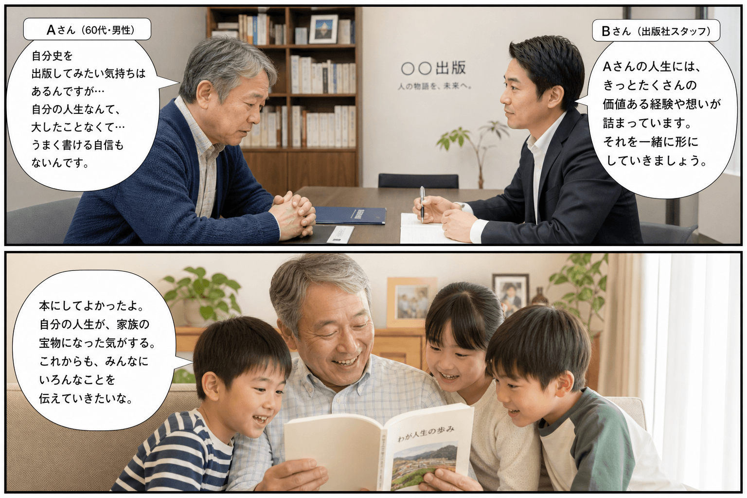2コママンガ、コマ割りで1枚の画像に収める。コマ1: Aさん: 60代の男性。自分史の出版に興味があるが、自信がない。 Bさん: 出版社のスタッフ。誠実な雰囲気。、出版社の打ち合わせスペース。テーブル