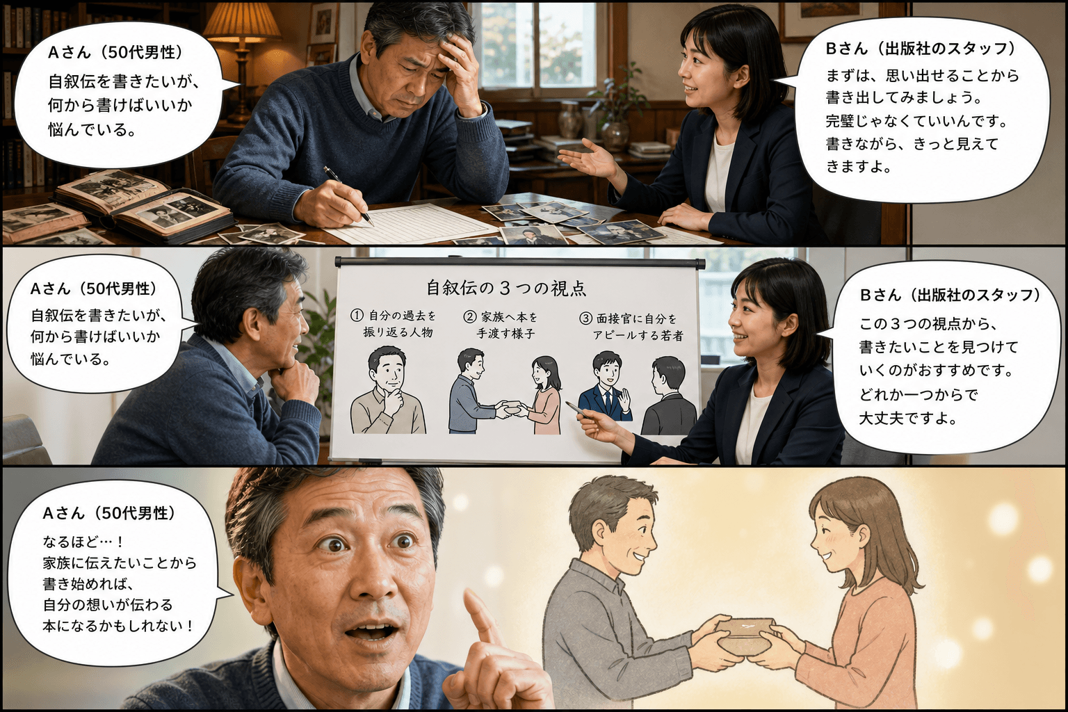 3コママンガ、コマ割りで1枚の画像に収める。コマ1: Aさん: 50代男性。自叙伝を書きたいが、何から書けばいいか悩んでいる。 Bさん: 出版社のスタッフ。Aさんにアドバイスをする。、書斎の机で、原稿